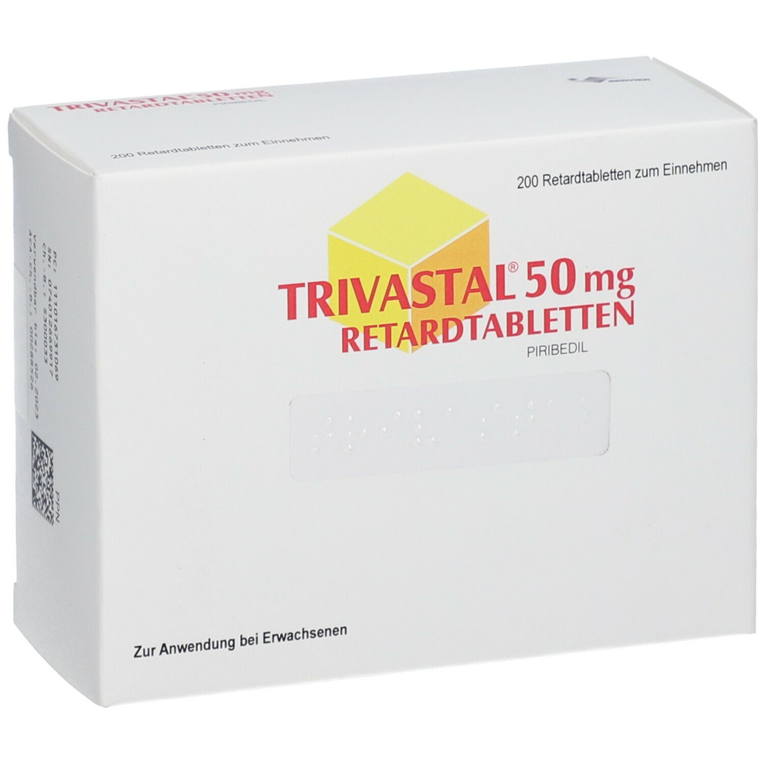 Weiße Faltschachtel, Draufsicht. Aufschrift: Trivastal 50 mg Retardtabletten. 200 Retardtabletten.