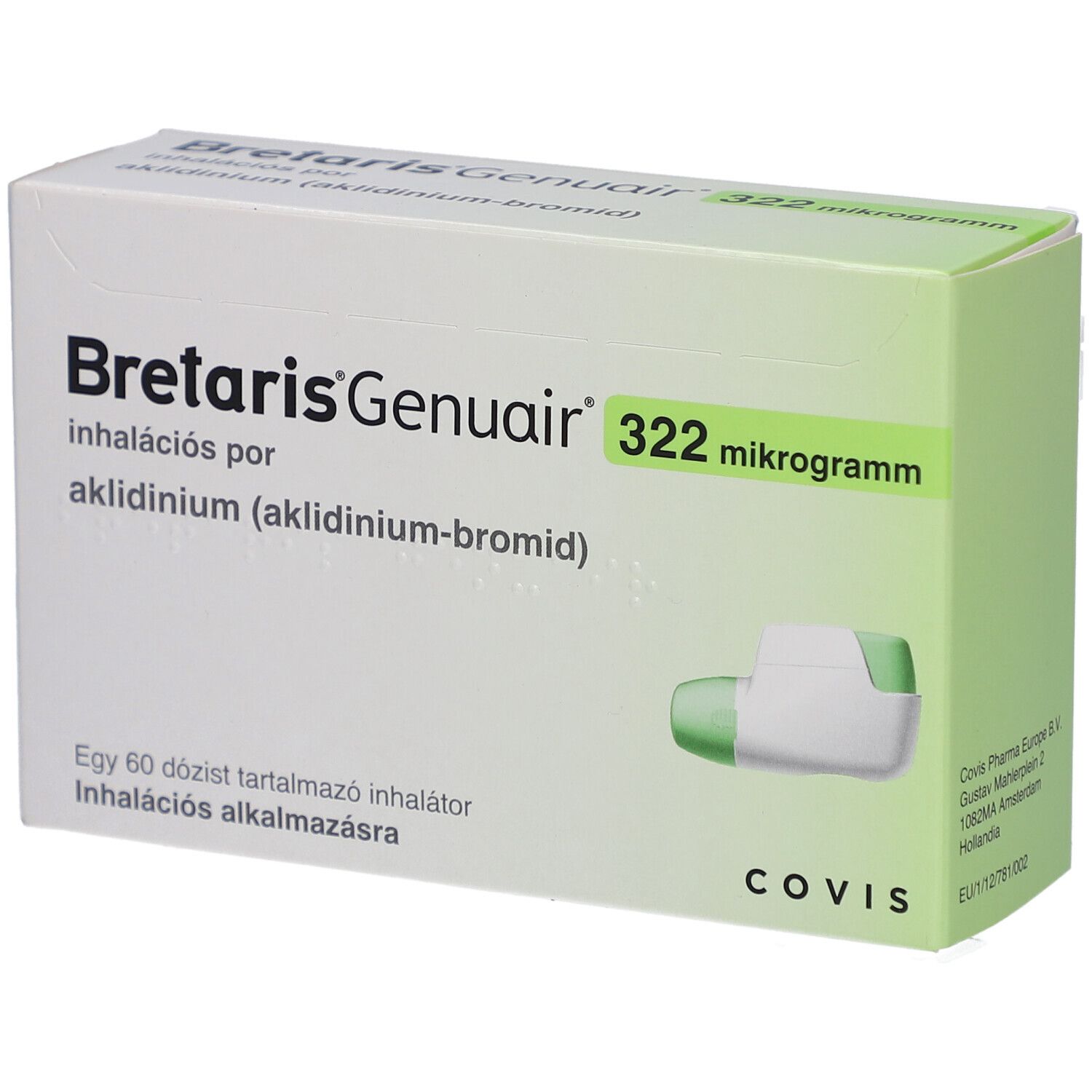 Schachtel mit BRETARIS Genuair, Inhalationspulver. Enthält Inhalator. Text: 322 Mikrogramm, aklinidin-bromid.