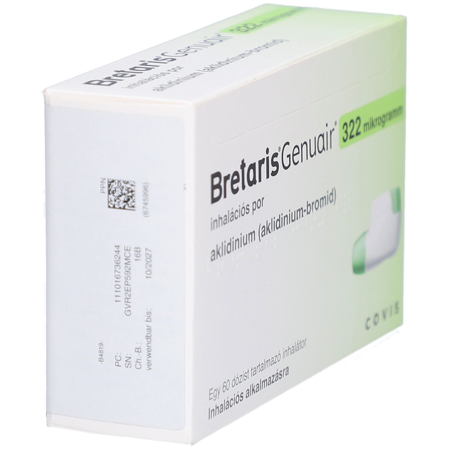 Schachtel BRETARIS Genuair, Inhalationspulver. Text: 322 Mikrogramm, aklinidin-bromid. COVIS-Logo. Code-Etikett.