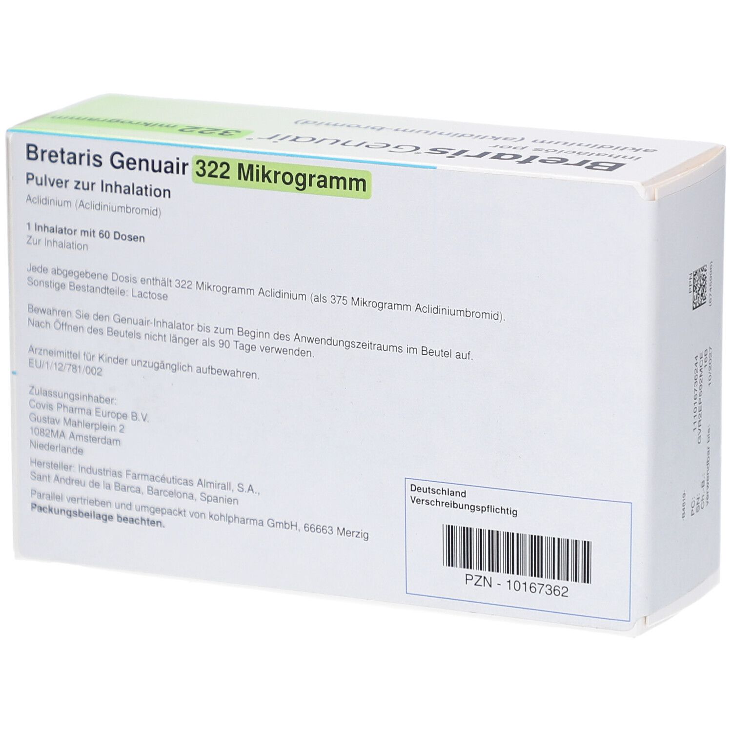 Rückseite der BRETARIS Genuair-Schachtel. Text: 322 Mikrogramm, aklinidin-bromid. Herstellerinformationen. PZN-Code.