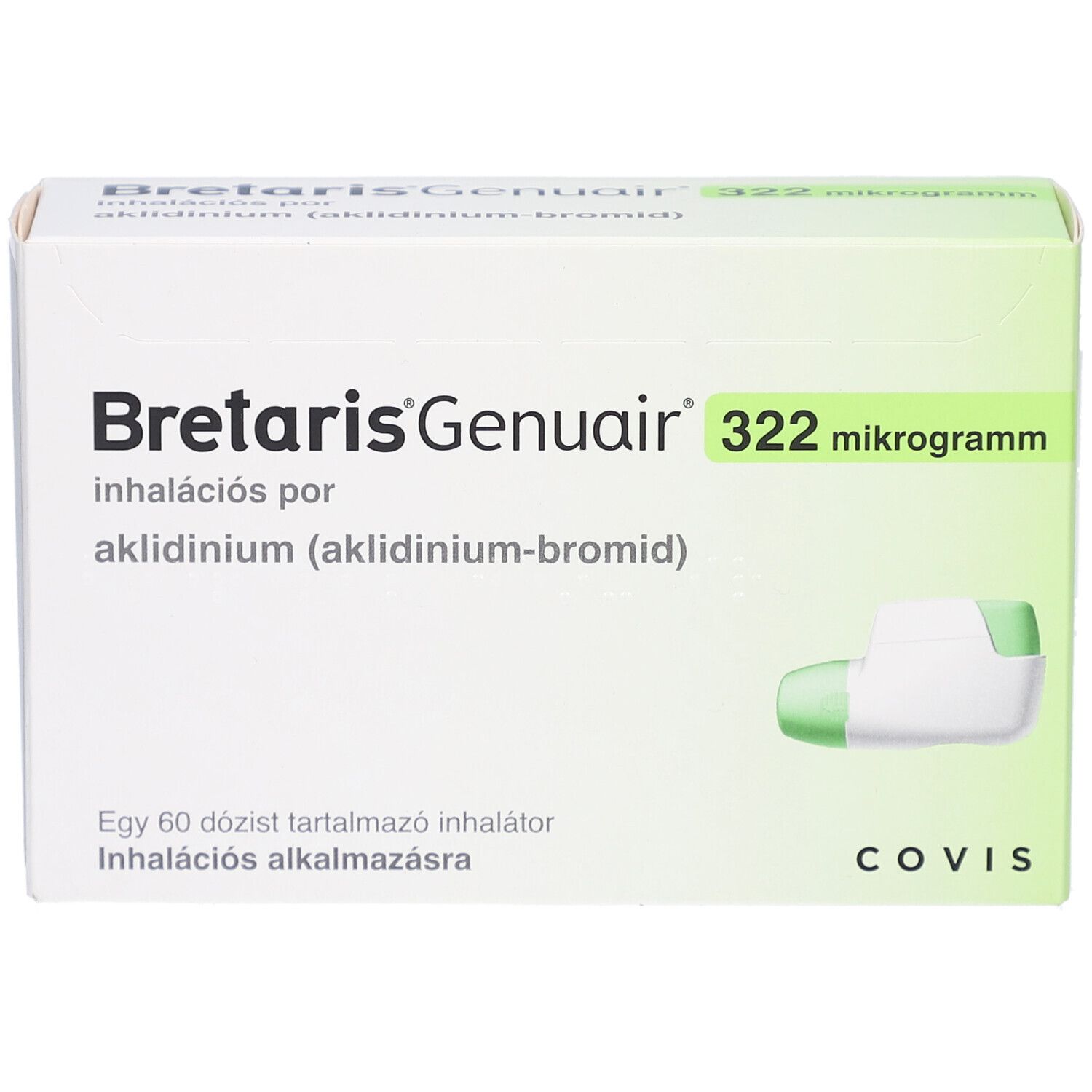 Schachtel mit BRETARIS Genuair, Inhalationspulver. Enthält Inhalator. Text: 322 Mikrogramm, aklinidin-bromid. COVIS-Logo.