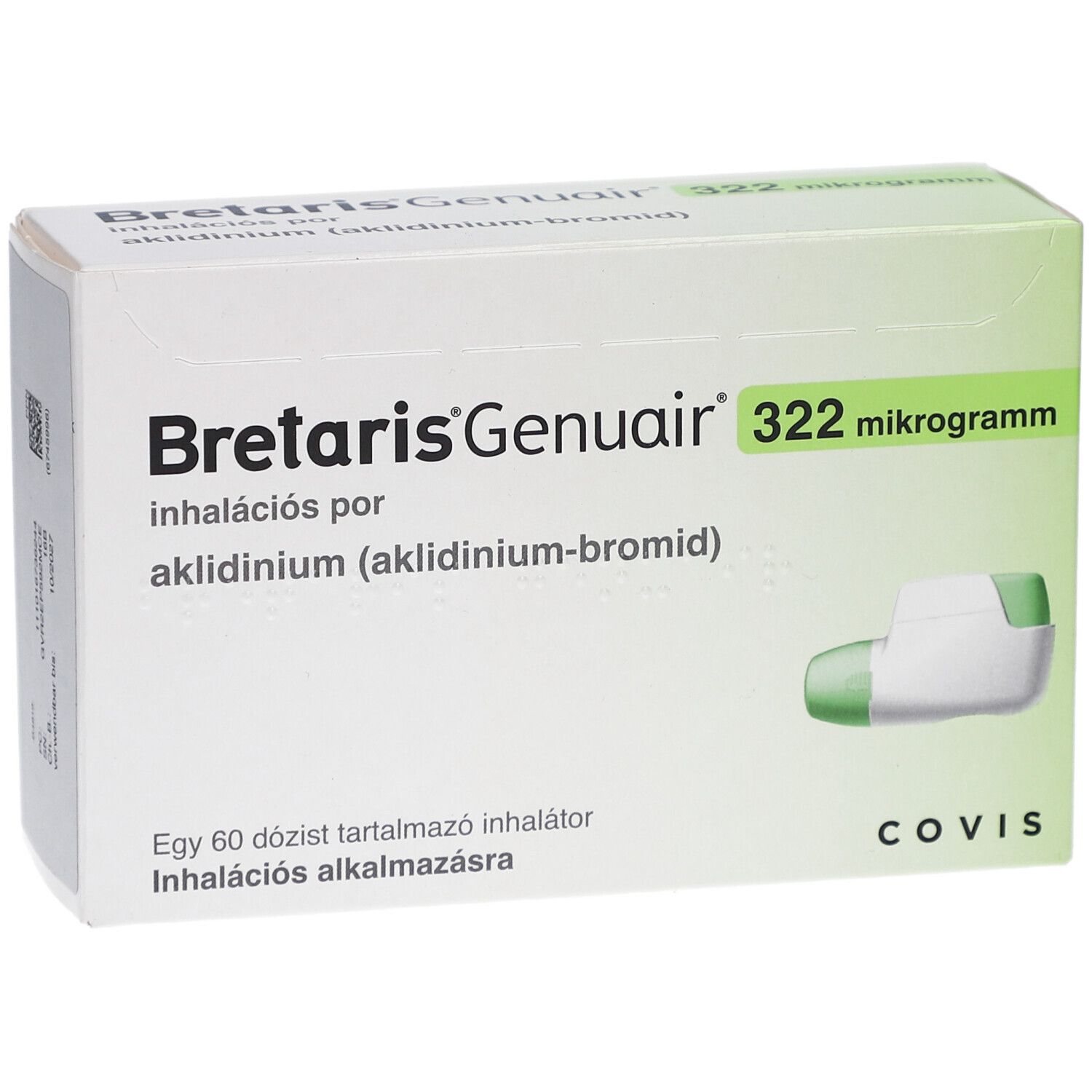 Schachtel mit BRETARIS Genuair, Inhalationspulver. Enthält Inhalator. Text: 322 Mikrogramm, aklinidin-bromid. COVIS-Logo.