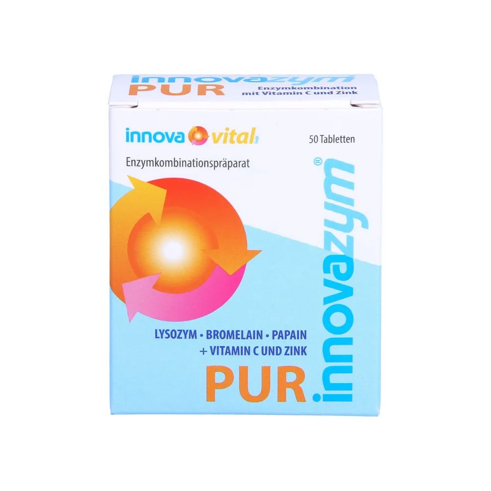 Packung innovazym® Pur mit 50 Tabletten, Enzymkombinationspräparat mit Vitamin C und Zink.