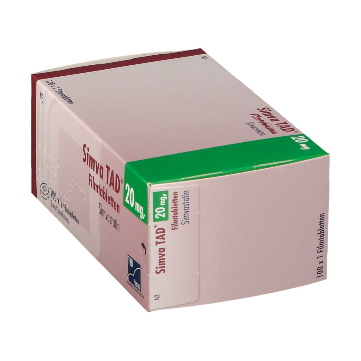 Packung Simva TAD 20 mg Filmtabletten, 100 x 1 Filmtabletten.