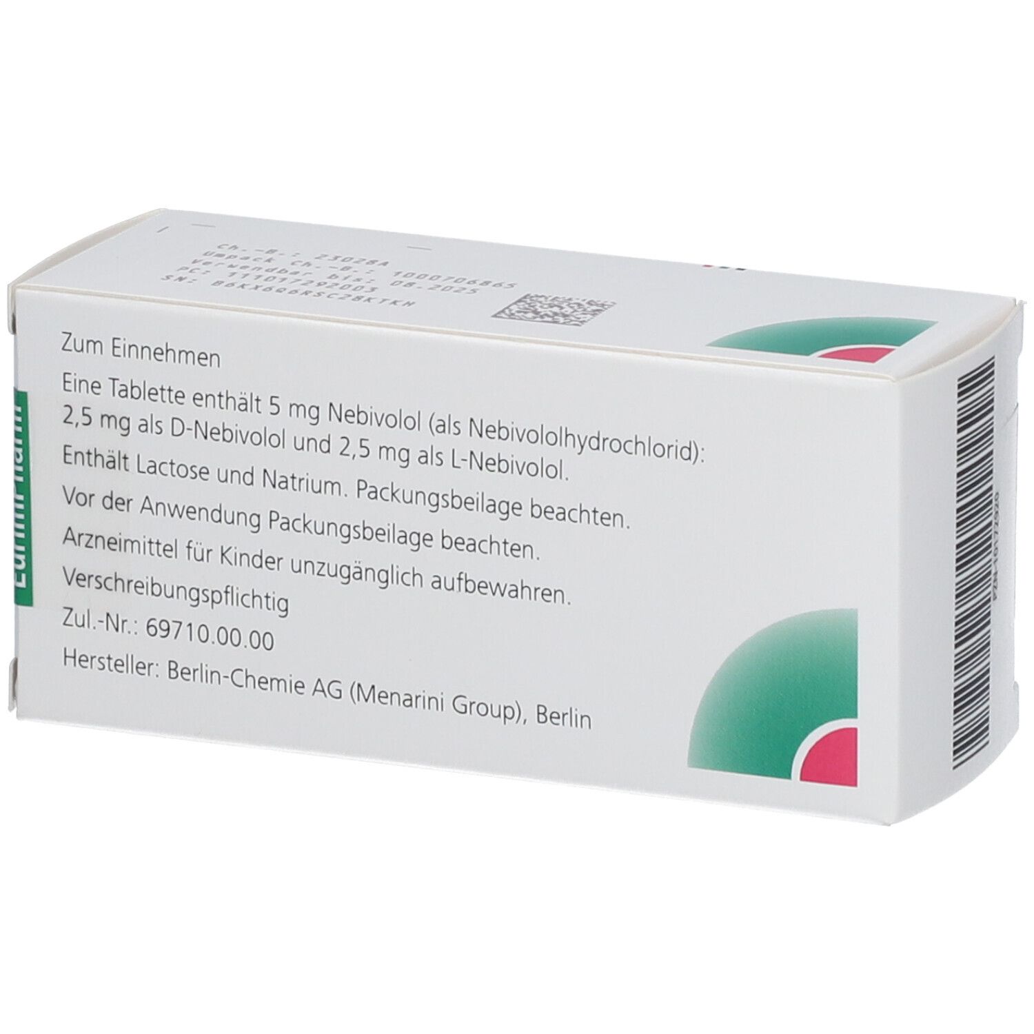 Rückseite der Nebilet 5 mg Schachtel. Textinformationen: Dosierung, Inhaltsstoffe, Hersteller Berlin-Chemie.