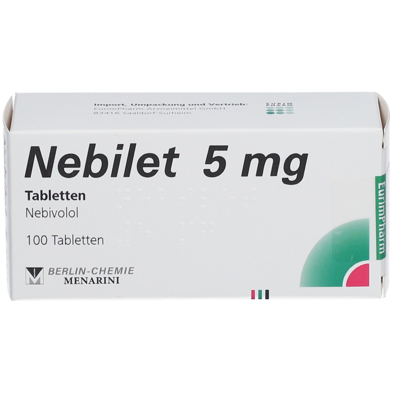 Weiße Schachtel Nebilet 5 mg, Tabletten, 100 Tabletten. Berlin-Chemie Menarini Logo. Grün-rotes Design.