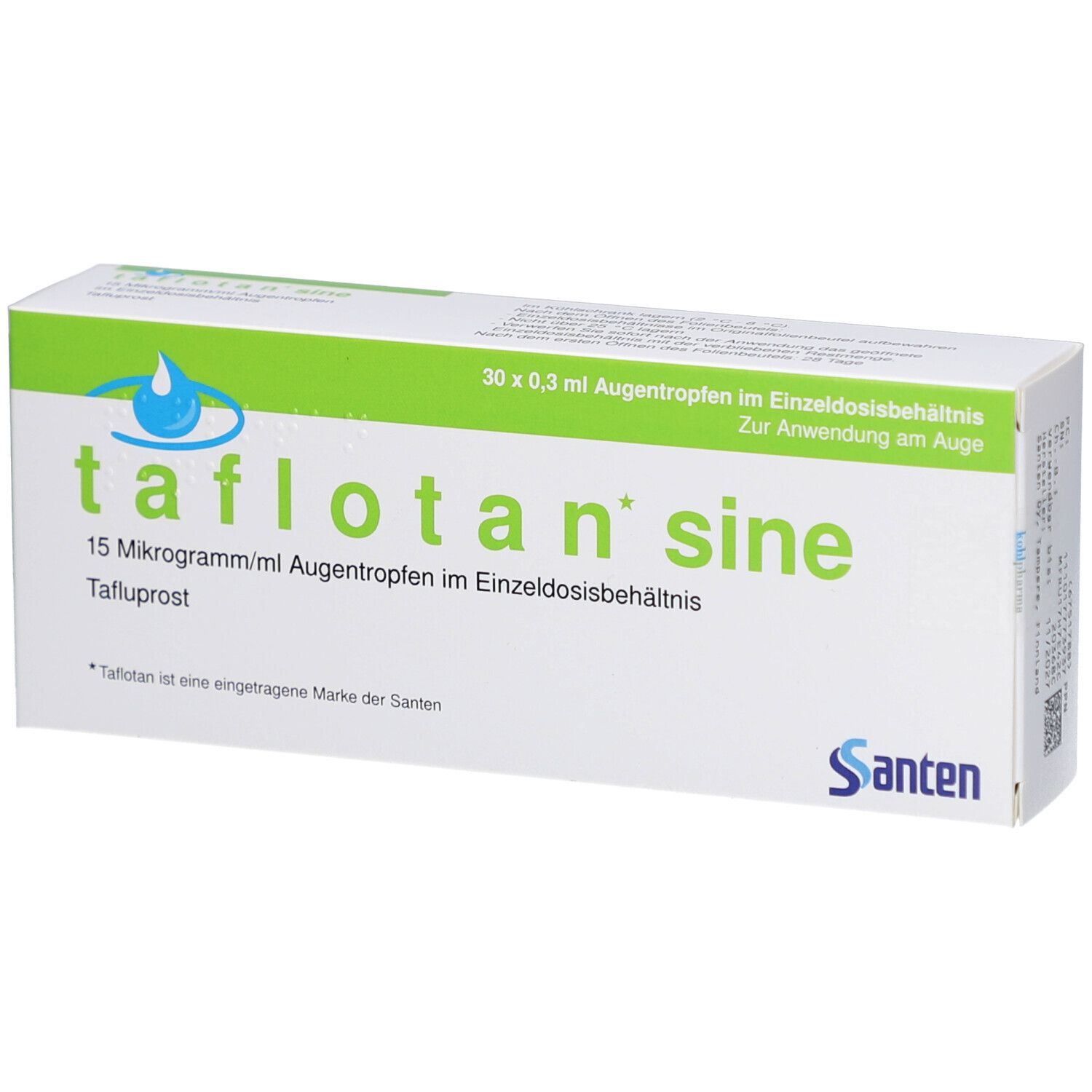 Verpackung von TAFLOTAN sine Augentropfen. Weiß mit grünen Akzenten. Schriftzug: tafloatan sine, 15 Mikrogramm/ml Augentropfen.