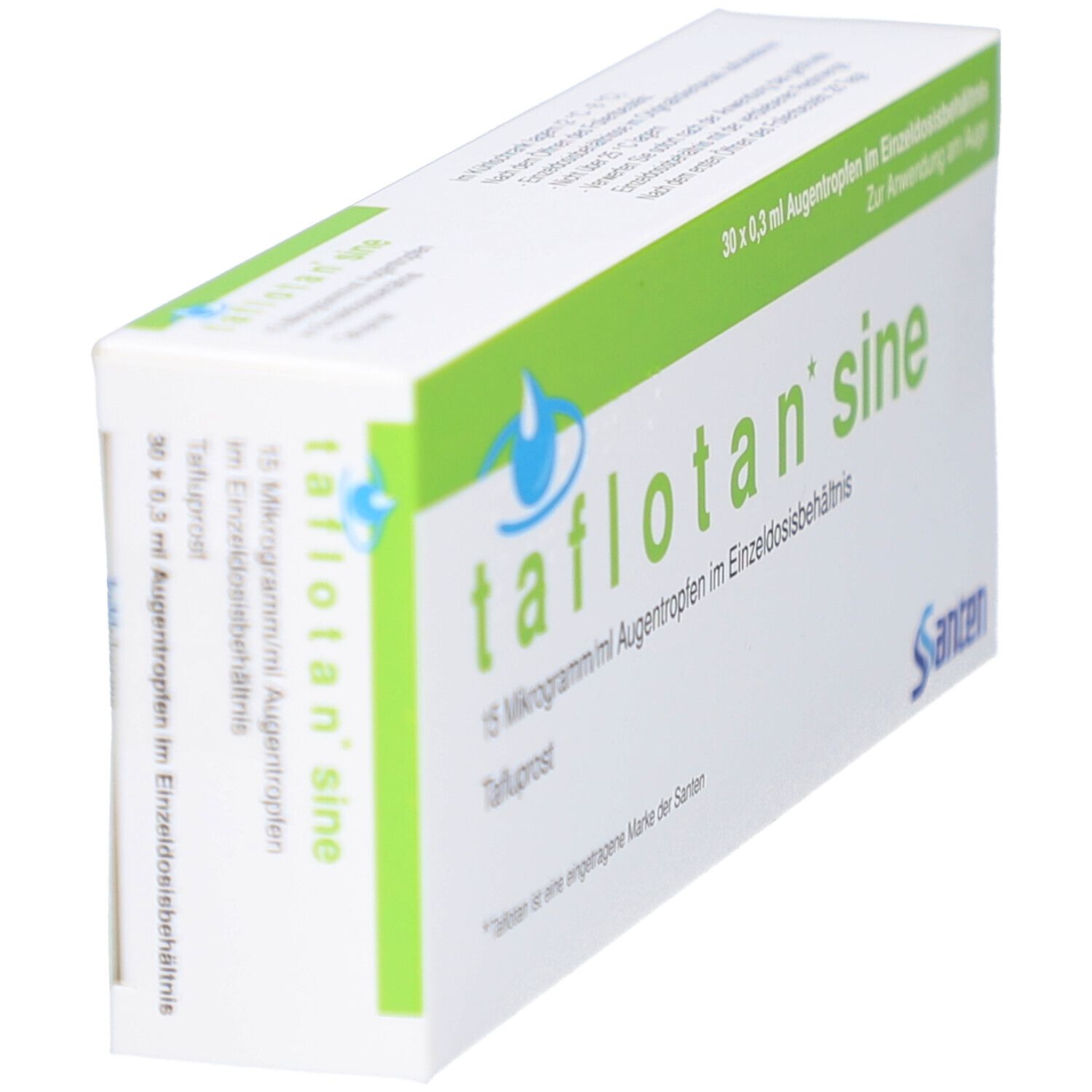 Schräg gestellte Verpackung von TAFLOTAN sine Augentropfen. Weiß mit grünen Akzenten. Schriftzug: tafloatan sine, 15 Mikrogramm/ml.