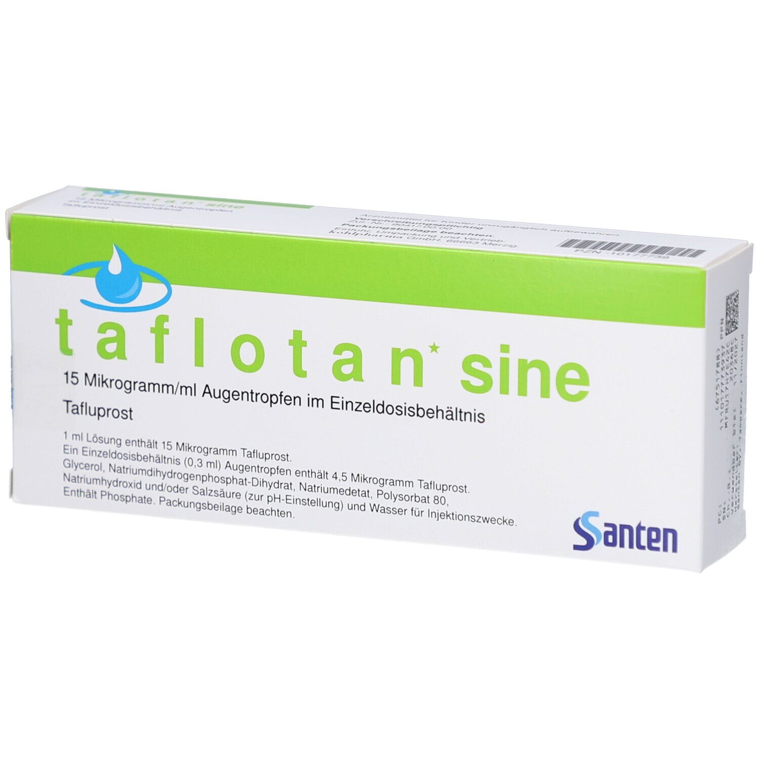 Verpackung von TAFLOTAN sine Augentropfen. Weiß mit grünen Akzenten. Schriftzug: tafloatan sine, 15 Mikrogramm/ml Augentropfen. Inhaltsangaben.
