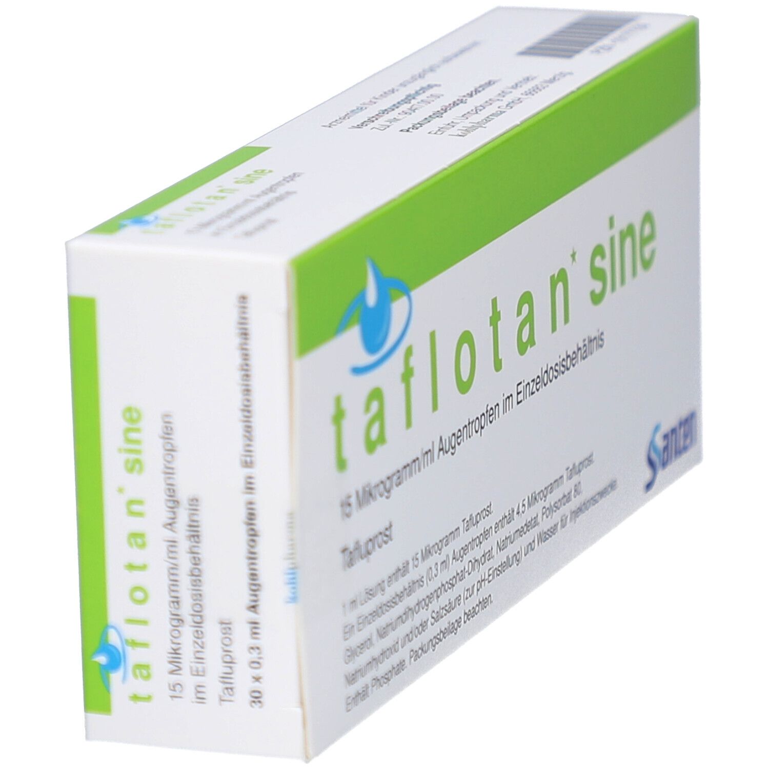 Schräg gestellte Verpackung von TAFLOTAN sine Augentropfen. Weiß mit grünen Akzenten. Schriftzug: tafloatan sine, 15 Mikrogramm/ml.