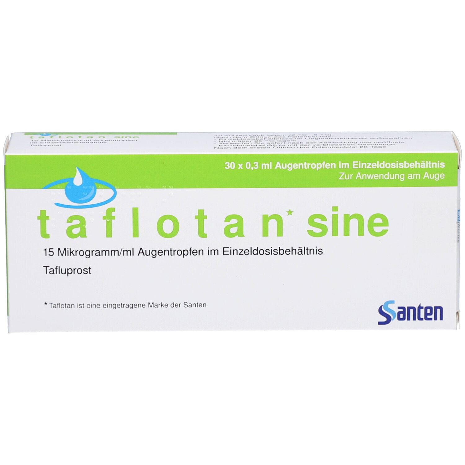 Verpackung von TAFLOTAN sine Augentropfen. Weiß mit grünen Akzenten. Schriftzug: tafloatan sine, 15 Mikrogramm/ml Augentropfen.
