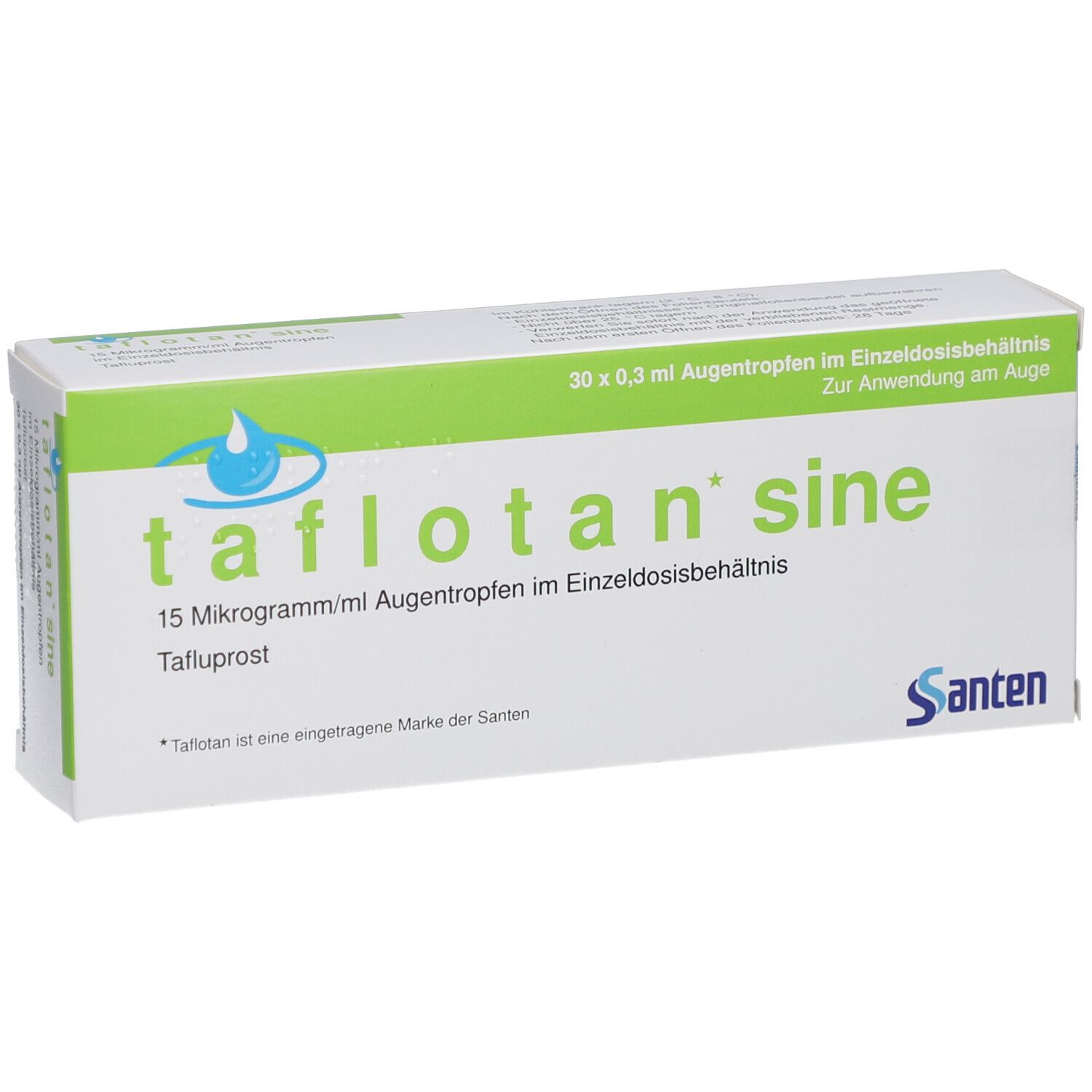 Verpackung von TAFLOTAN sine Augentropfen. Weiß mit grünen Akzenten. Schriftzug: tafloatan sine, 15 Mikrogramm/ml Augentropfen.