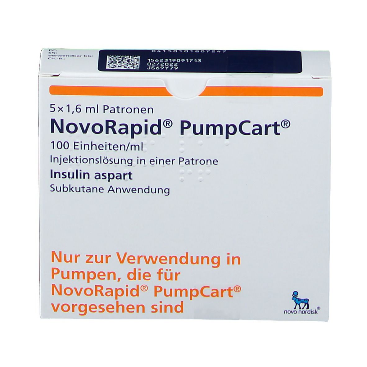 NovoRapid PumpCart-Verpackung. Enthält 5 x 1,6 ml Patronen. Text: 100 Einheiten/ml, Injektionslösung, Insulin aspart. Nur für Pumpen.