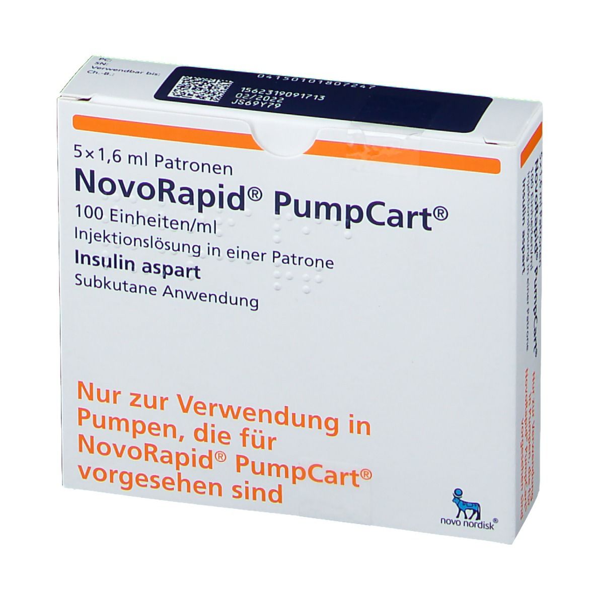 NovoRapid PumpCart-Verpackung. Enthält 5 x 1,6 ml Patronen. Text: 100 Einheiten/ml, Injektionslösung, Insulin aspart. Nur für Pumpen.