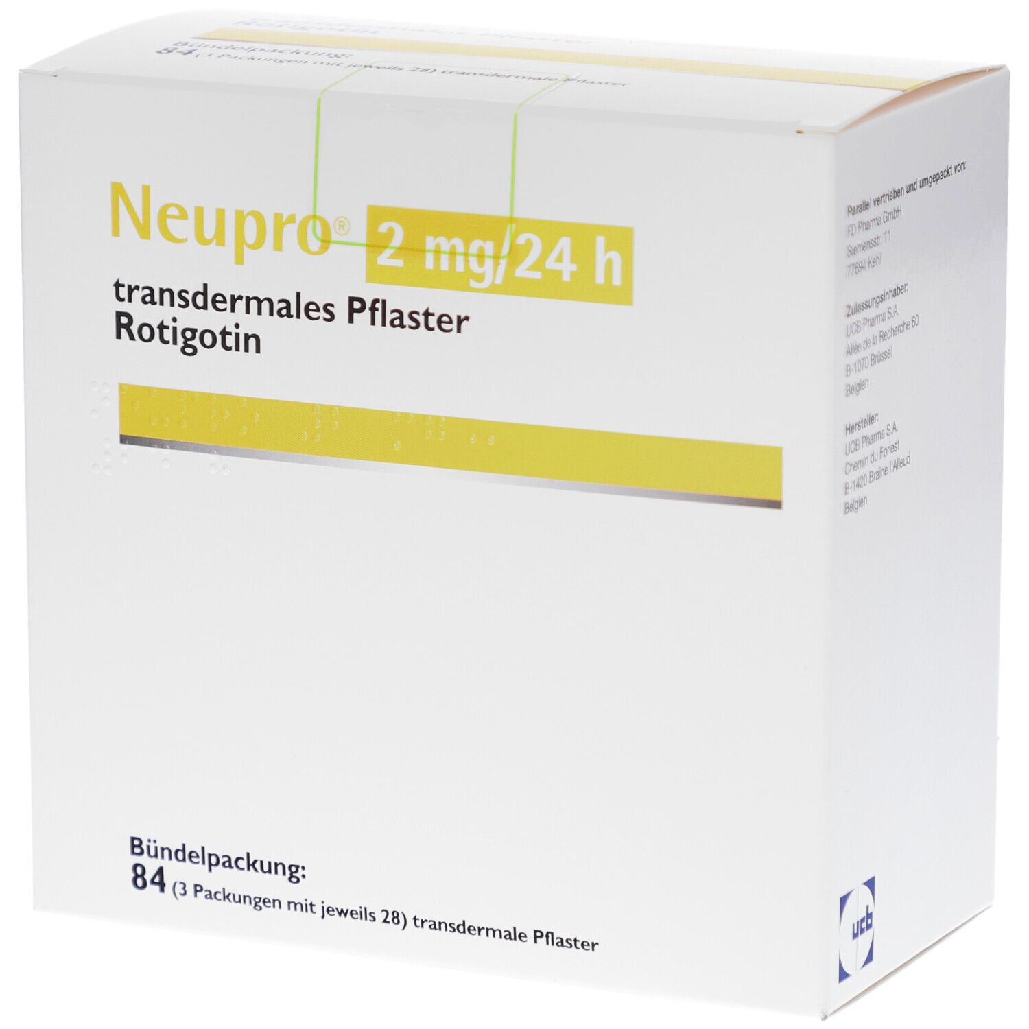 Karton von Neupro 2 mg/24 h transdermale Pflaster. Aufschrift: Bündelpackung: 84 (3 Packungen mit jeweils 28) transdermale Pflaster.
