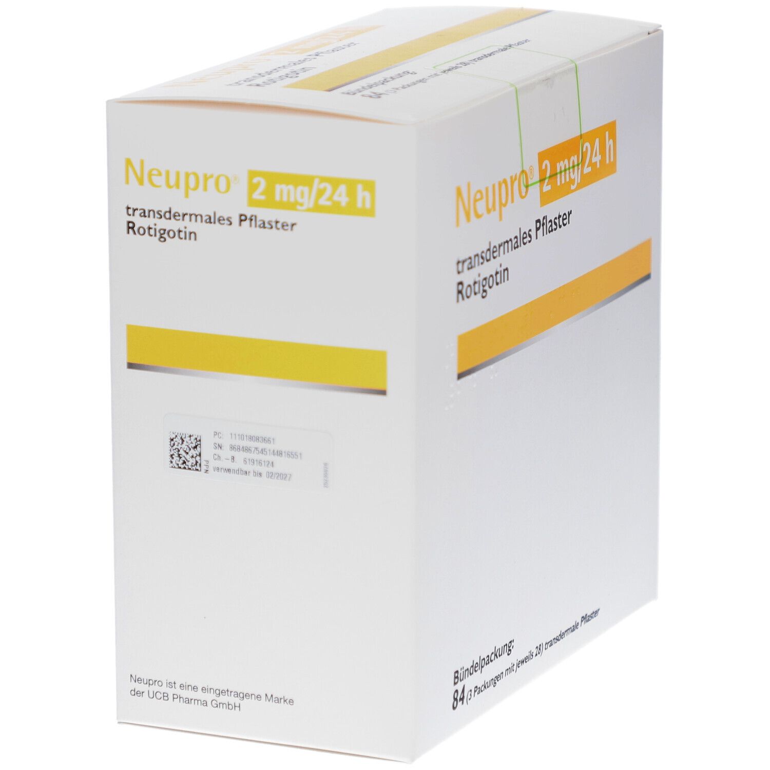 Karton von Neupro 2 mg/24 h transdermale Pflaster. Aufschrift: Bündelpackung: 84 (3 Packungen mit jeweils 28) transdermale Pflaster. Mit Barcode.