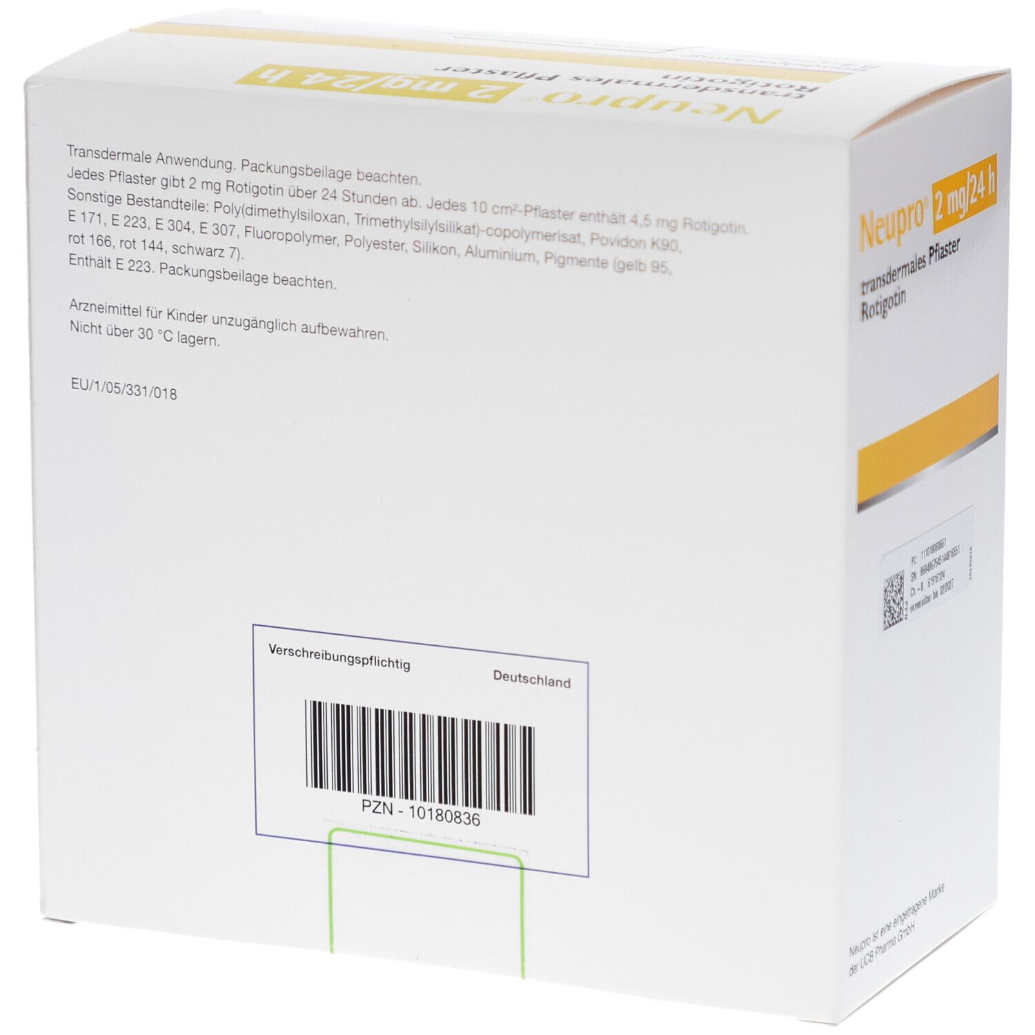 Rückseite des Kartons von Neupro 2 mg/24 h transdermale Pflaster. Mit Text und Barcode. Aufschrift: Verschreibungspflichtig.