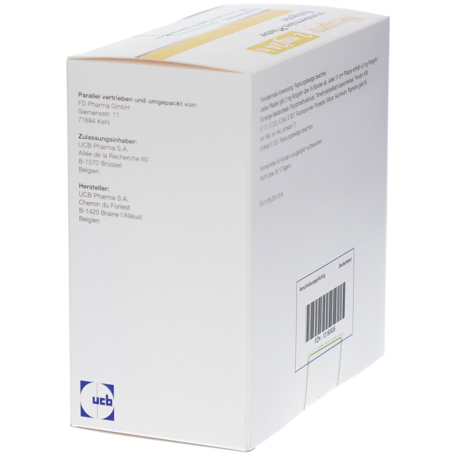 Seite des Kartons von Neupro 2 mg/24 h transdermale Pflaster. Mit Text und Barcode. UCB-Logo.