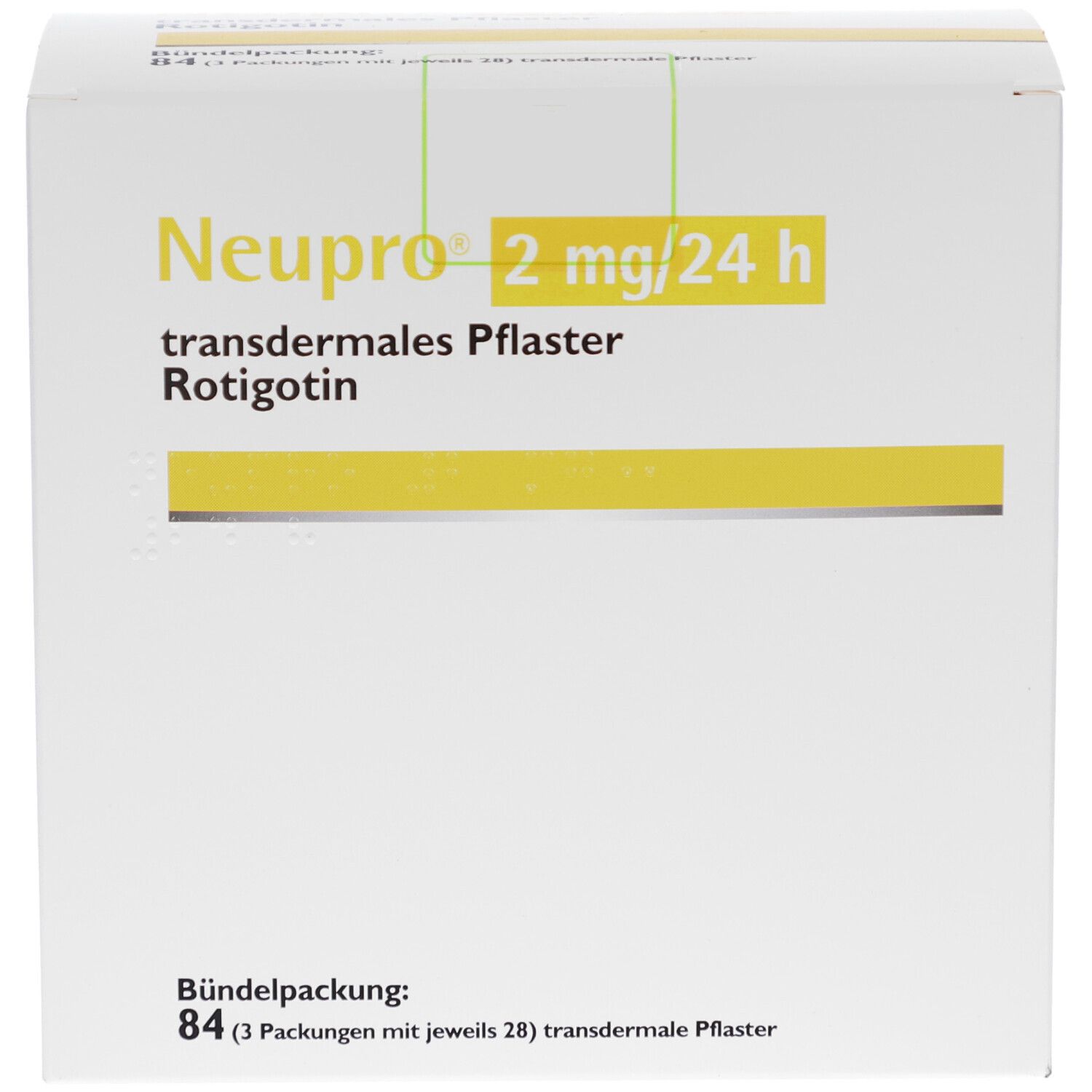 Vorderseite des Kartons von Neupro 2 mg/24 h transdermale Pflaster. Aufschrift: Bündelpackung: 84 (3 Packungen mit jeweils 28) transdermale Pflaster.