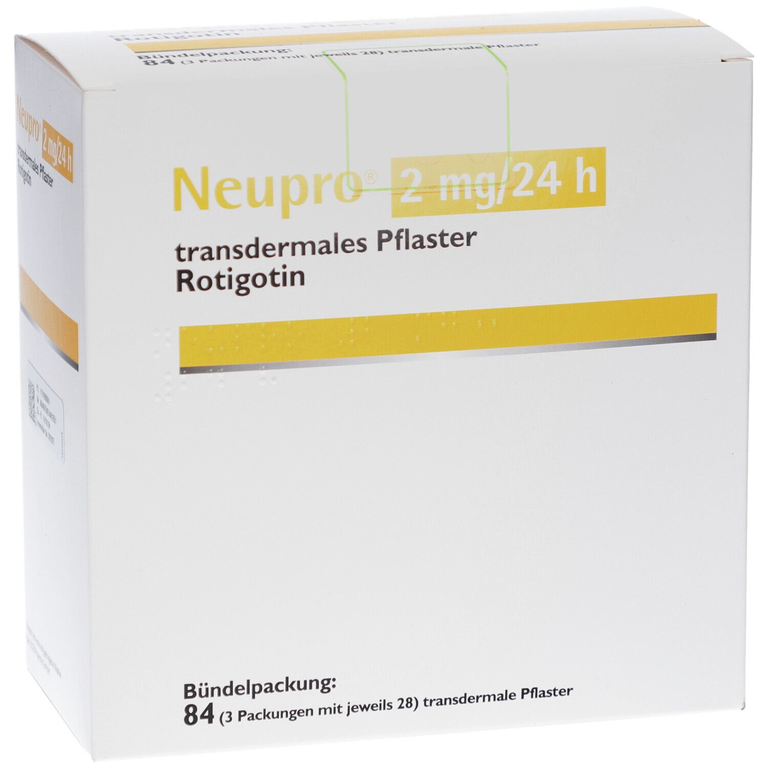 Vorderseite des Kartons von Neupro 2 mg/24 h transdermale Pflaster. Aufschrift: Bündelpackung: 84 (3 Packungen mit jeweils 28) transdermale Pflaster.