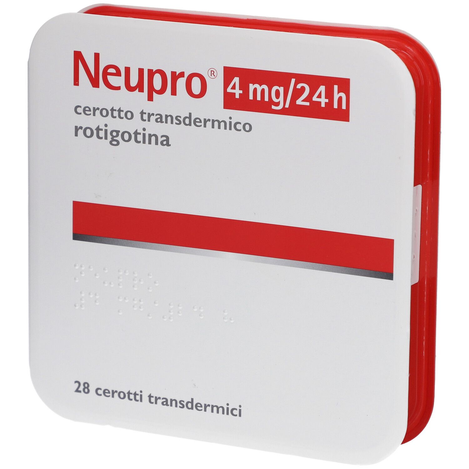 Quadratische Verpackung mit "Neupro 4 mg/24 h". Enthält 28 transdermale Pflaster. Rote und weiße Farbgebung.