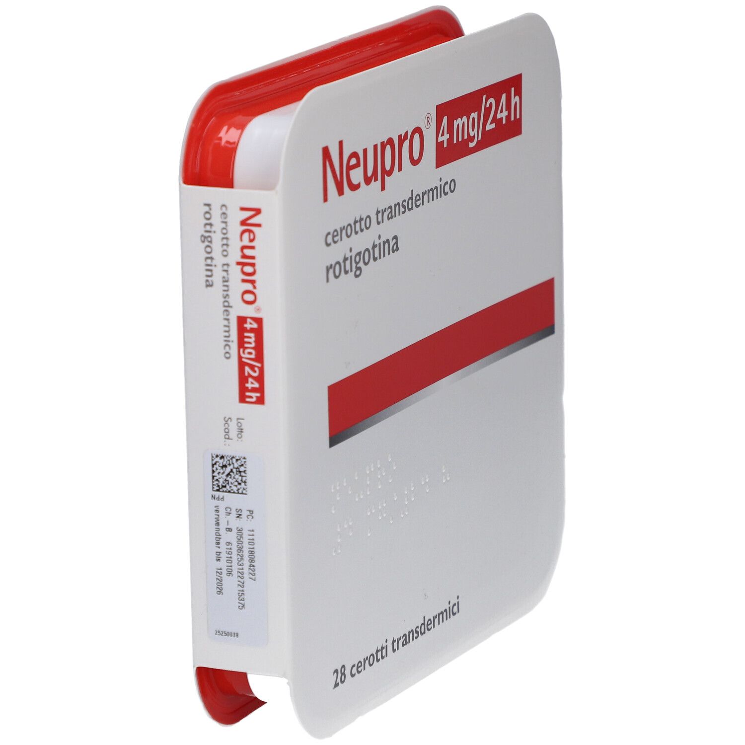Geöffnete Verpackung "Neupro 4 mg/24 h". Enthält 28 transdermale Pflaster. Rote und weiße Farbgebung. Mit Barcode.