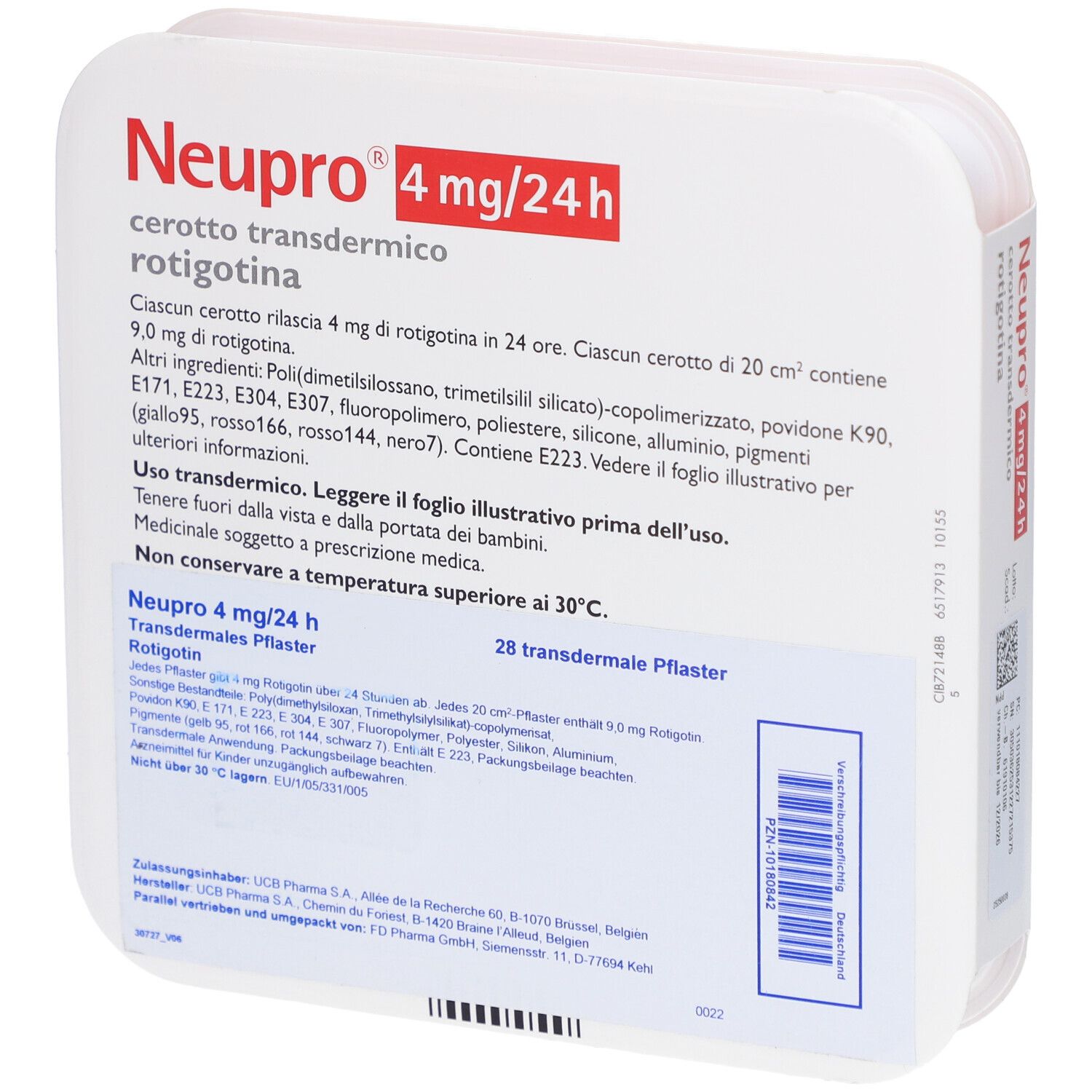 Geöffnete Verpackung "Neupro 4 mg/24 h". Text auf Italienisch und Deutsch. Enthält 28 transdermale Pflaster.