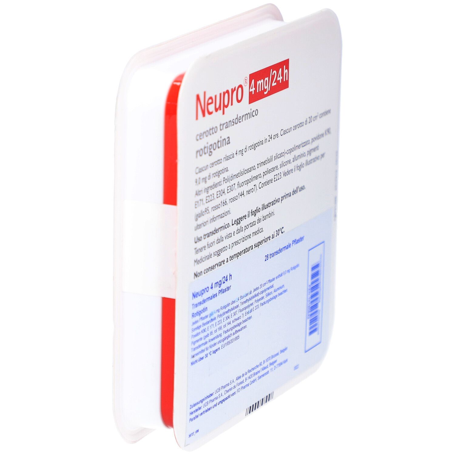 Geöffnete Verpackung "Neupro 4 mg/24 h". Text auf Italienisch und Deutsch. Enthält 28 transdermale Pflaster.