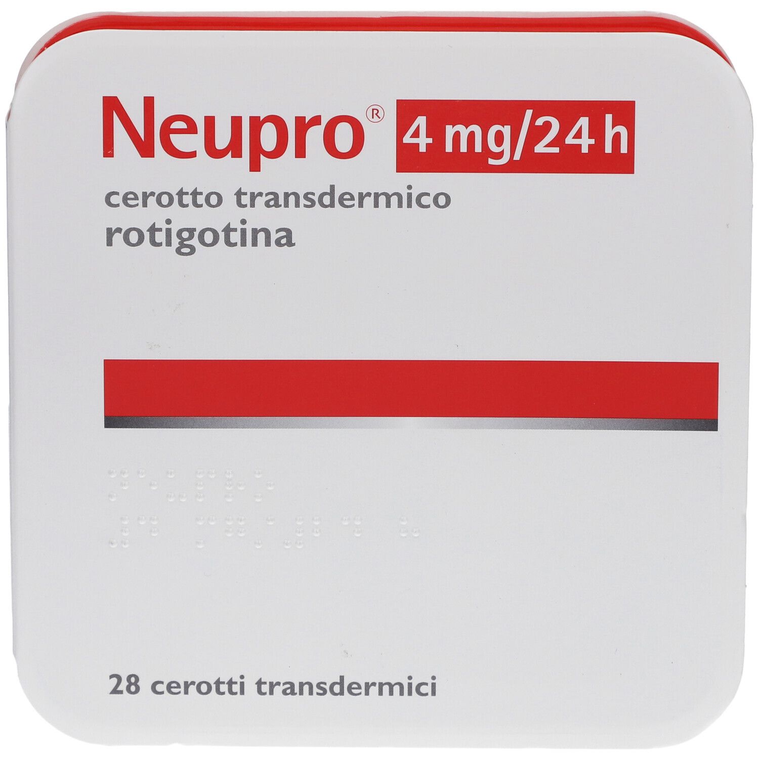Quadratische Verpackung "Neupro 4 mg/24 h". Enthält 28 transdermale Pflaster. Rote und weiße Farbgebung.