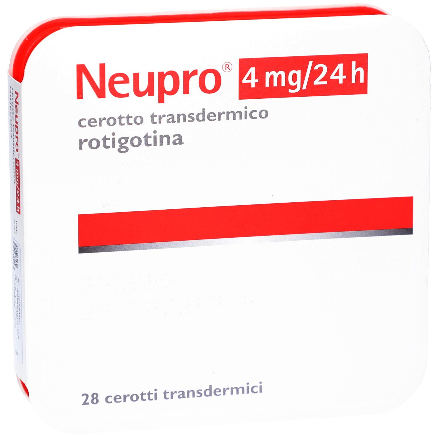 Quadratische Verpackung "Neupro 4 mg/24 h". Enthält 28 transdermale Pflaster. Rote und weiße Farbgebung.