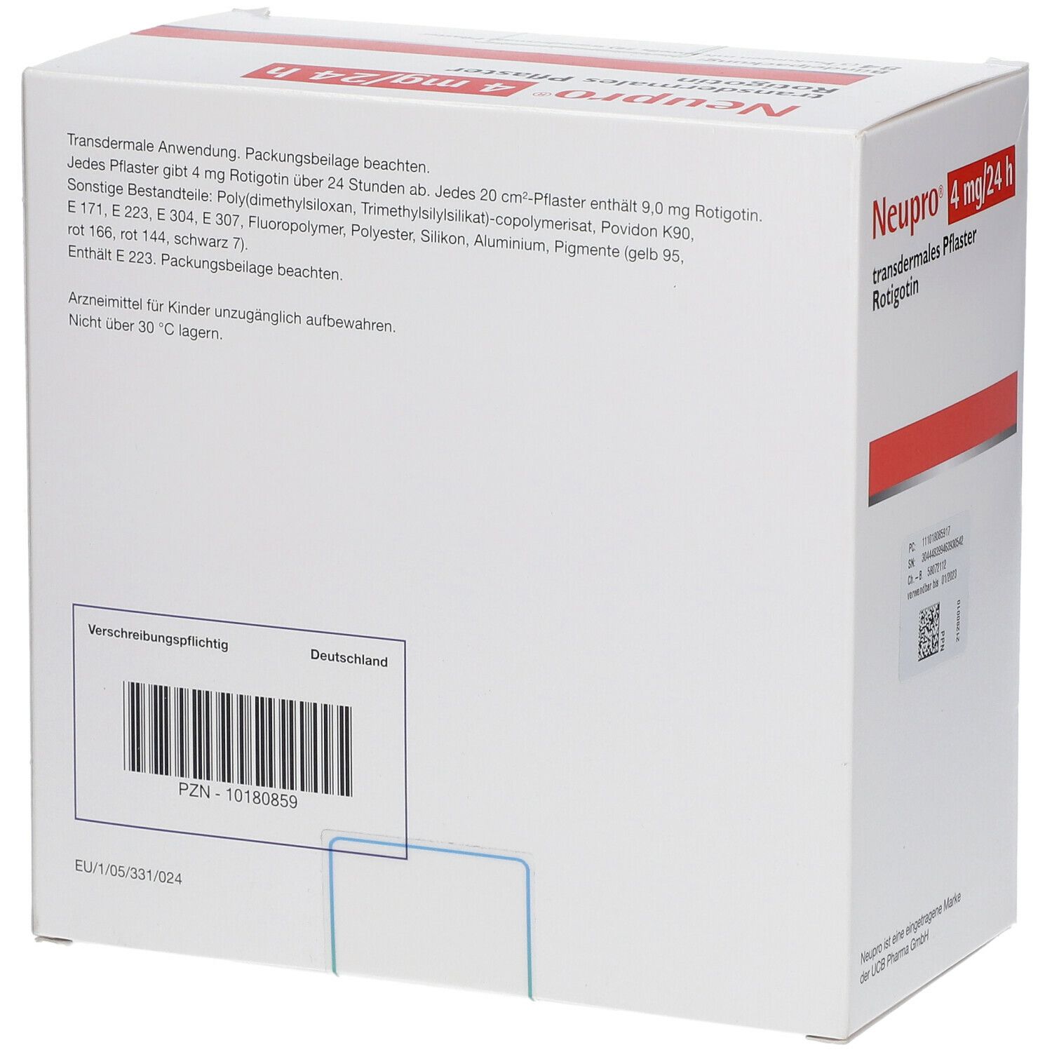 Weiße Kartonverpackung mit roter Schrift. Rückseite mit Text: "Neupro 4 mg/24 h". Informationen und Barcode.