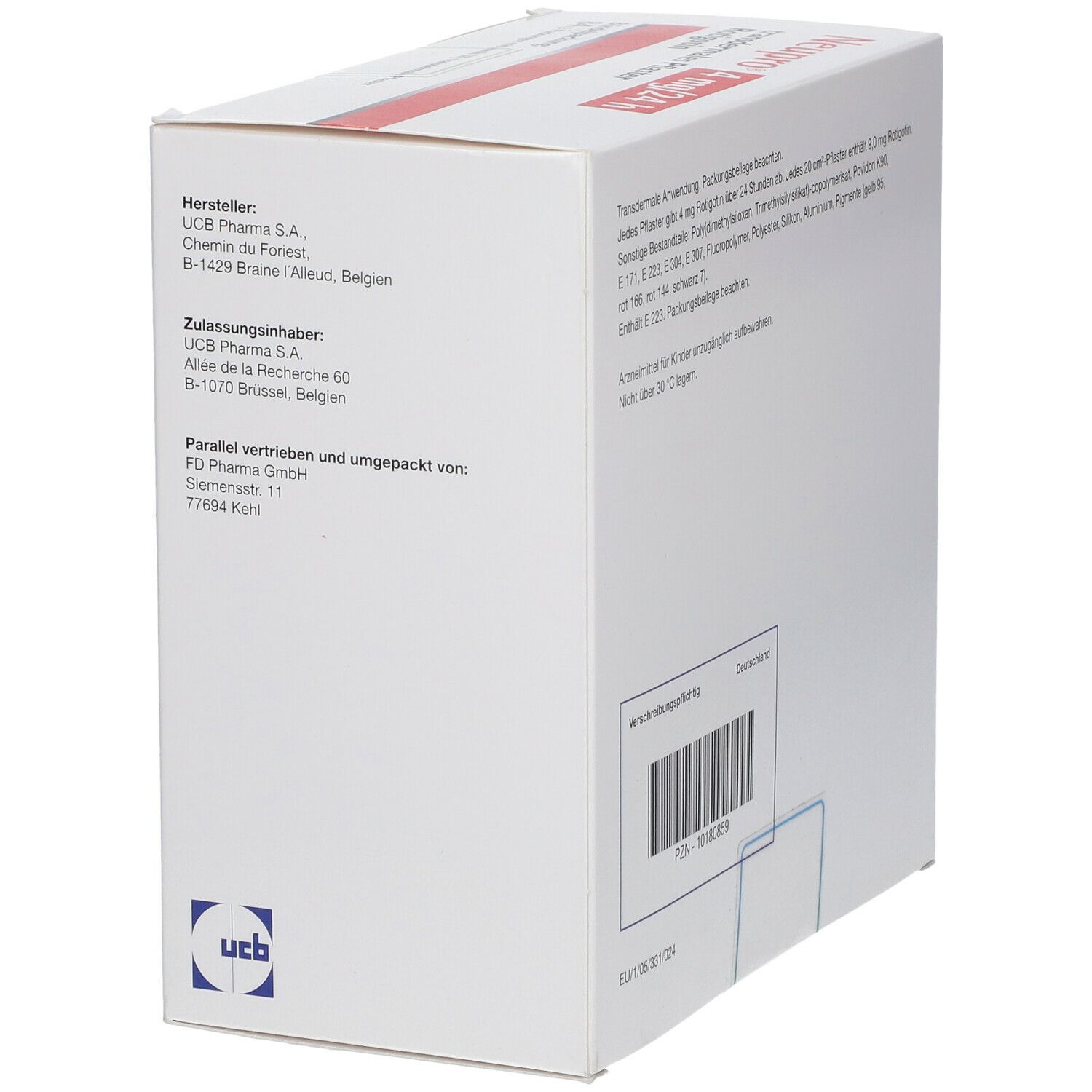 Weiße Kartonverpackung. Herstellerinformationen und Barcode. UCB-Logo.