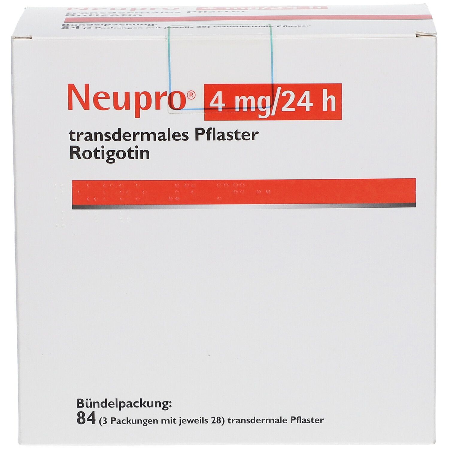 Weiße Kartonverpackung mit roter Schrift. Oben steht "Neupro 4 mg/24 h". Darunter "transdermales Pflaster Rotigotin".