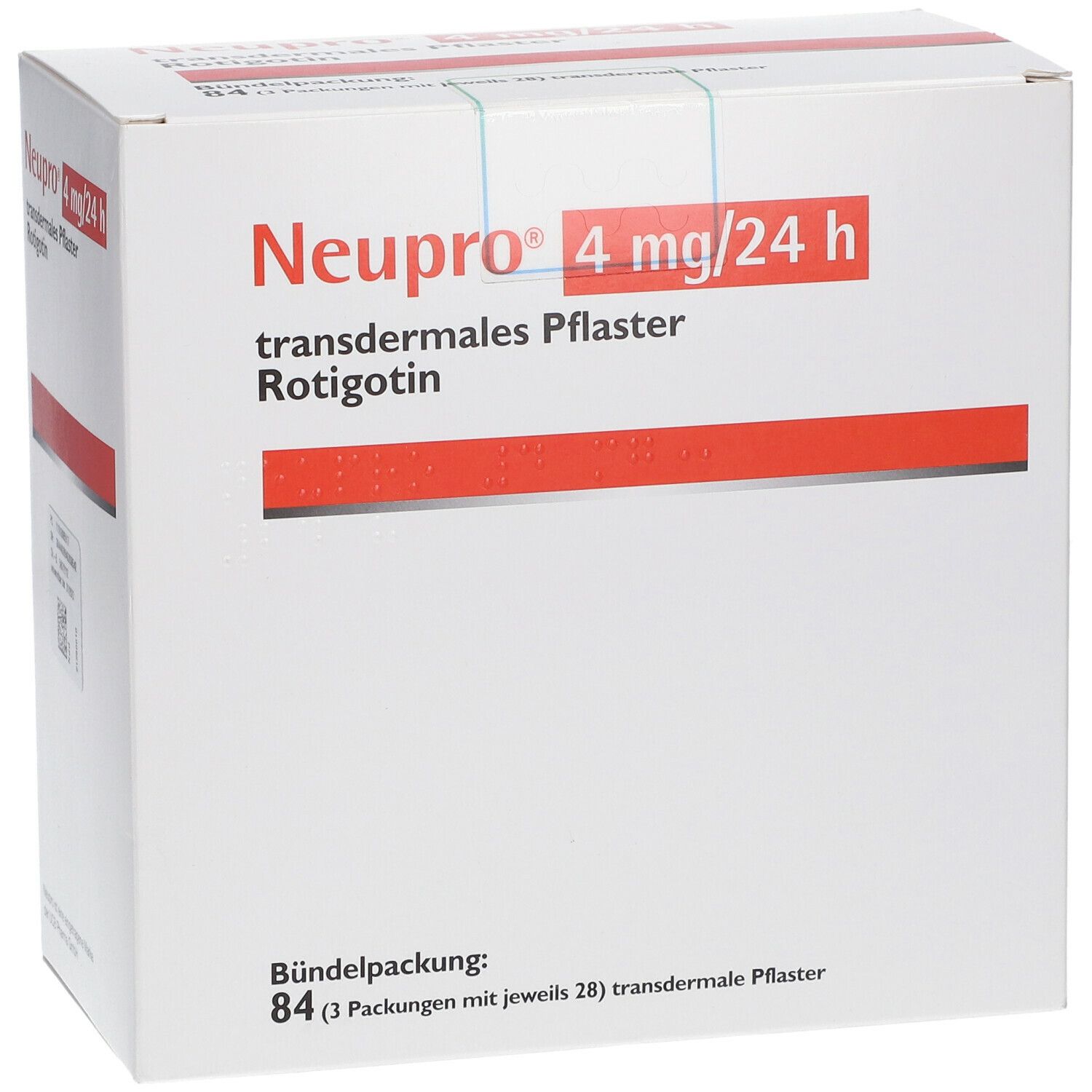 Weiße Kartonverpackung mit roter Schrift. "Neupro 4 mg/24 h" und "transdermales Pflaster Rotigotin".