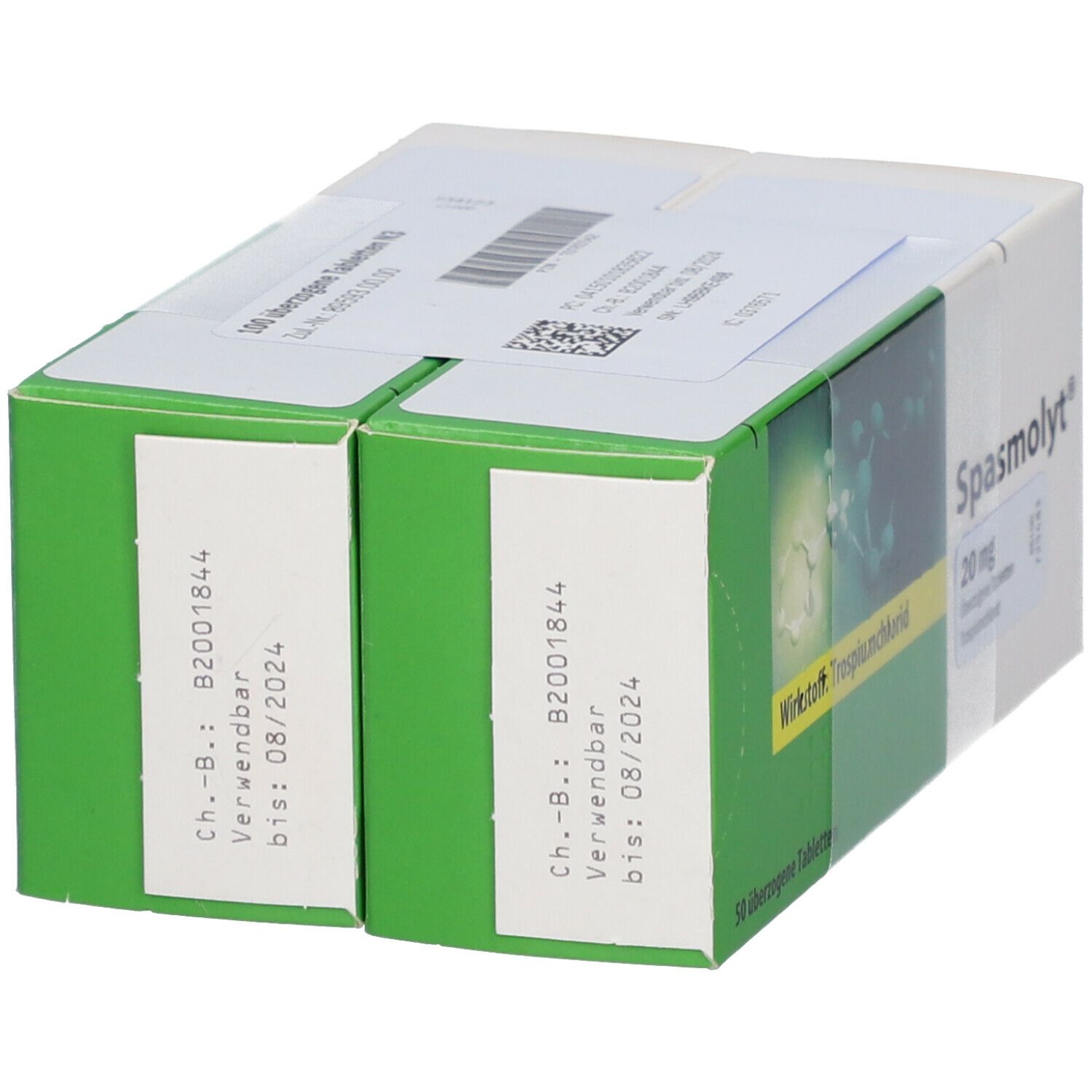 Zwei Packungen Spasmolyt® 20 mg. Grün-weiße Verpackung. Aufdruck mit Chargen- und Verfallsdatum. 50 überzogene Tabletten.
