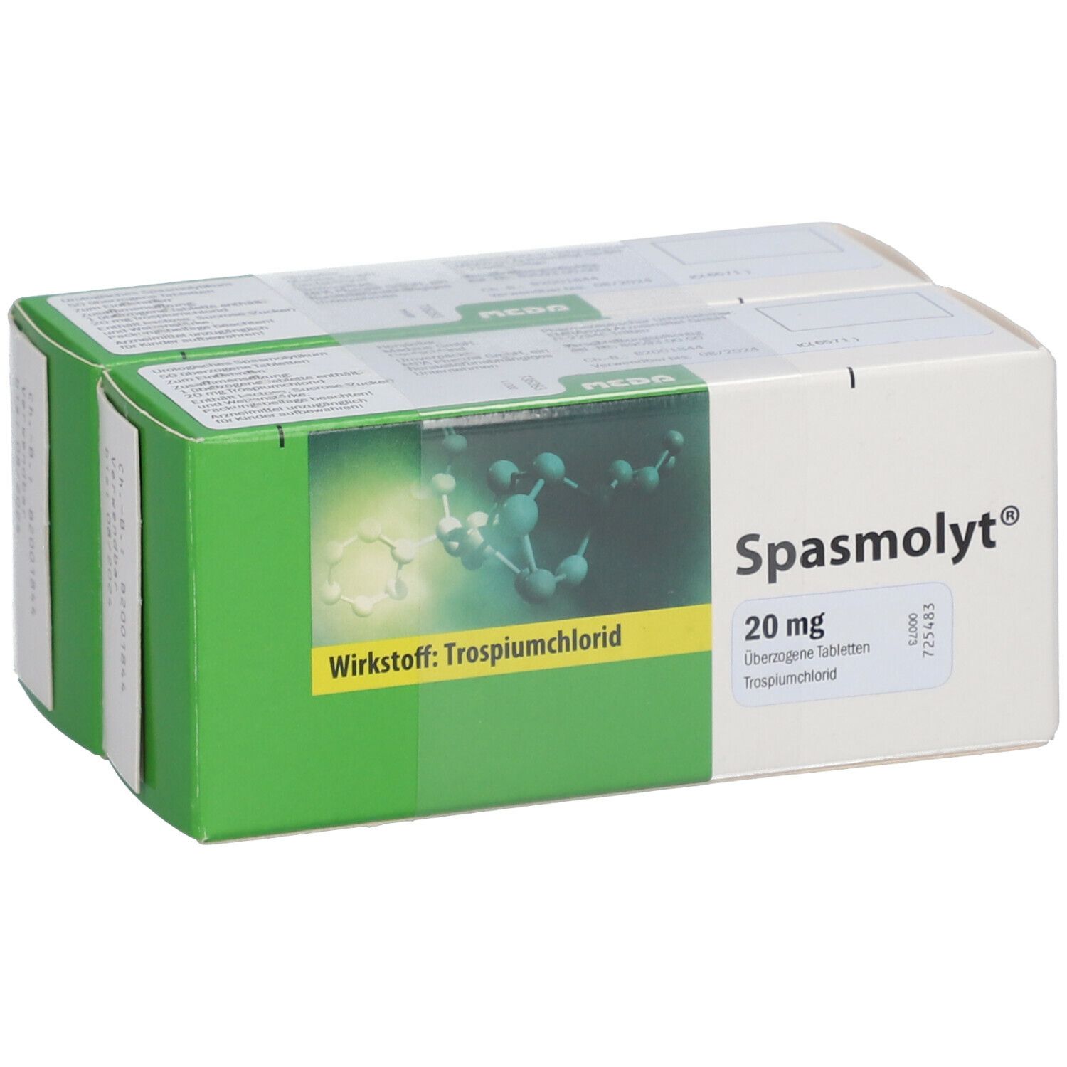 Zwei Packungen Spasmolyt® 20 mg. Grün-weiße Verpackung mit Produktnamen, Wirkstoff und Dosierung. Molekül-Grafik.