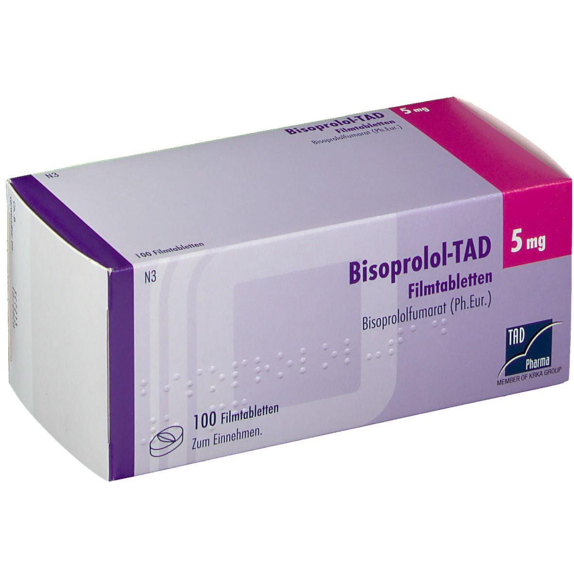 Schachtel mit BISOPROLOL-TAD 5 mg Filmtabletten. Aufschrift: 100 Filmtabletten, TAD Pharma.