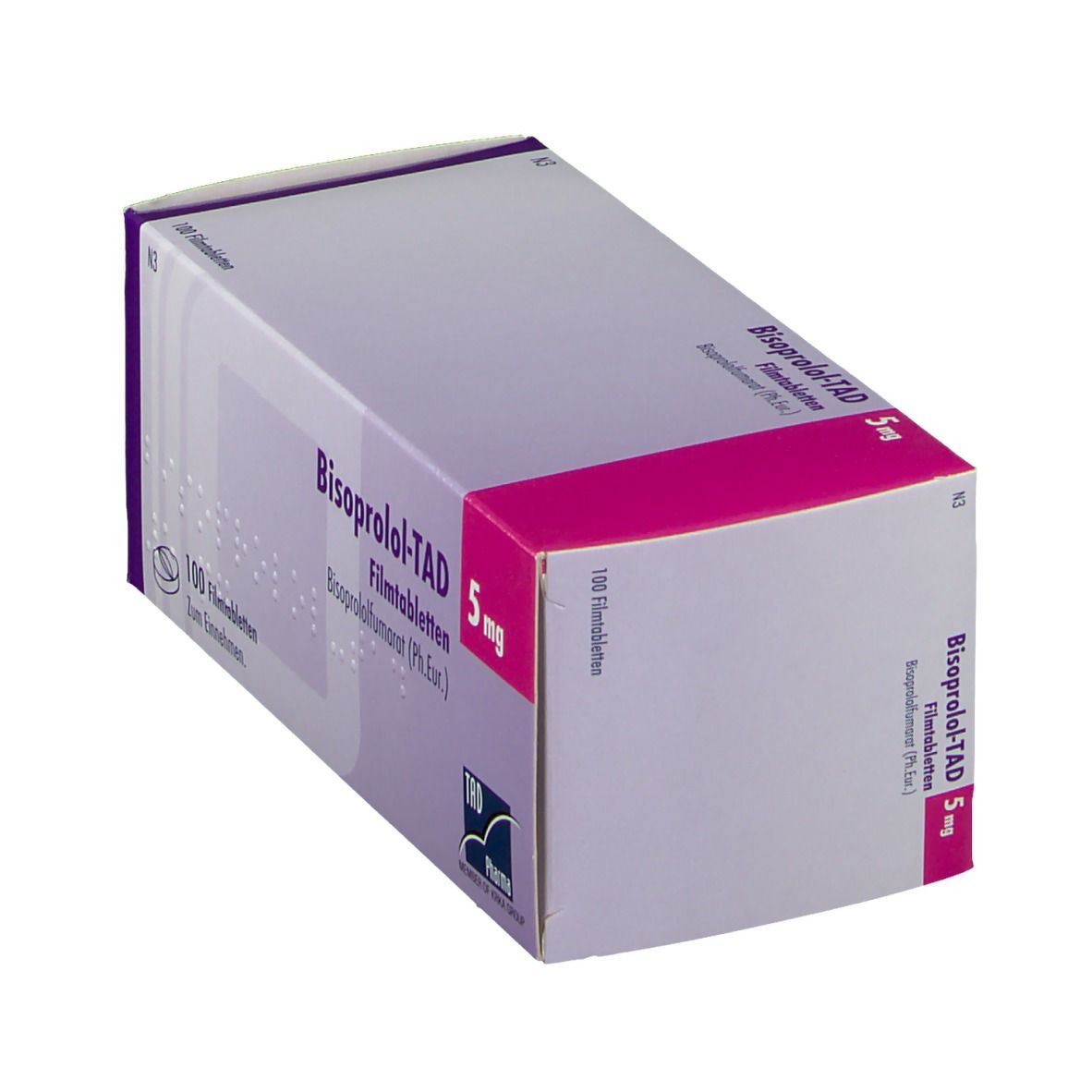 Schrägansicht der Packung BISOPROLOL-TAD 5 mg Filmtabletten. Aufschrift: 100 Filmtabletten, TAD Pharma.