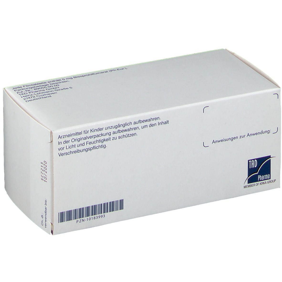 Rückseite der Packung BISOPROLOL-TAD 5 mg Filmtabletten. Text: Arzneimittel für Kinder unzugänglich aufbewahren.