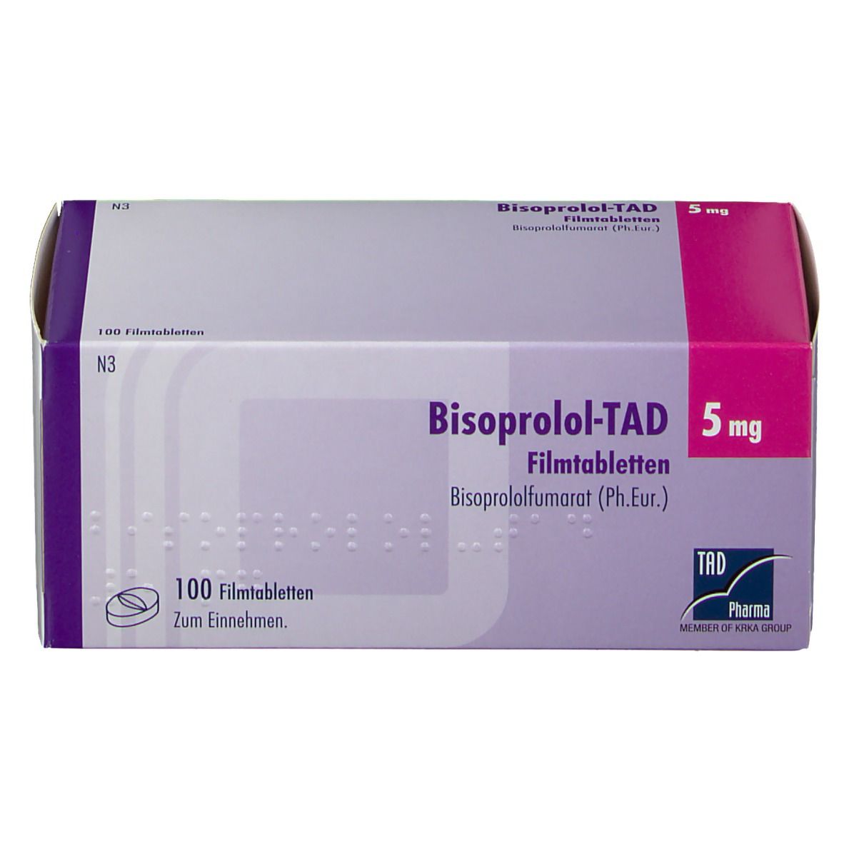 Geöffnete Packung BISOPROLOL-TAD 5 mg Filmtabletten. Aufschrift: 100 Filmtabletten, TAD Pharma.