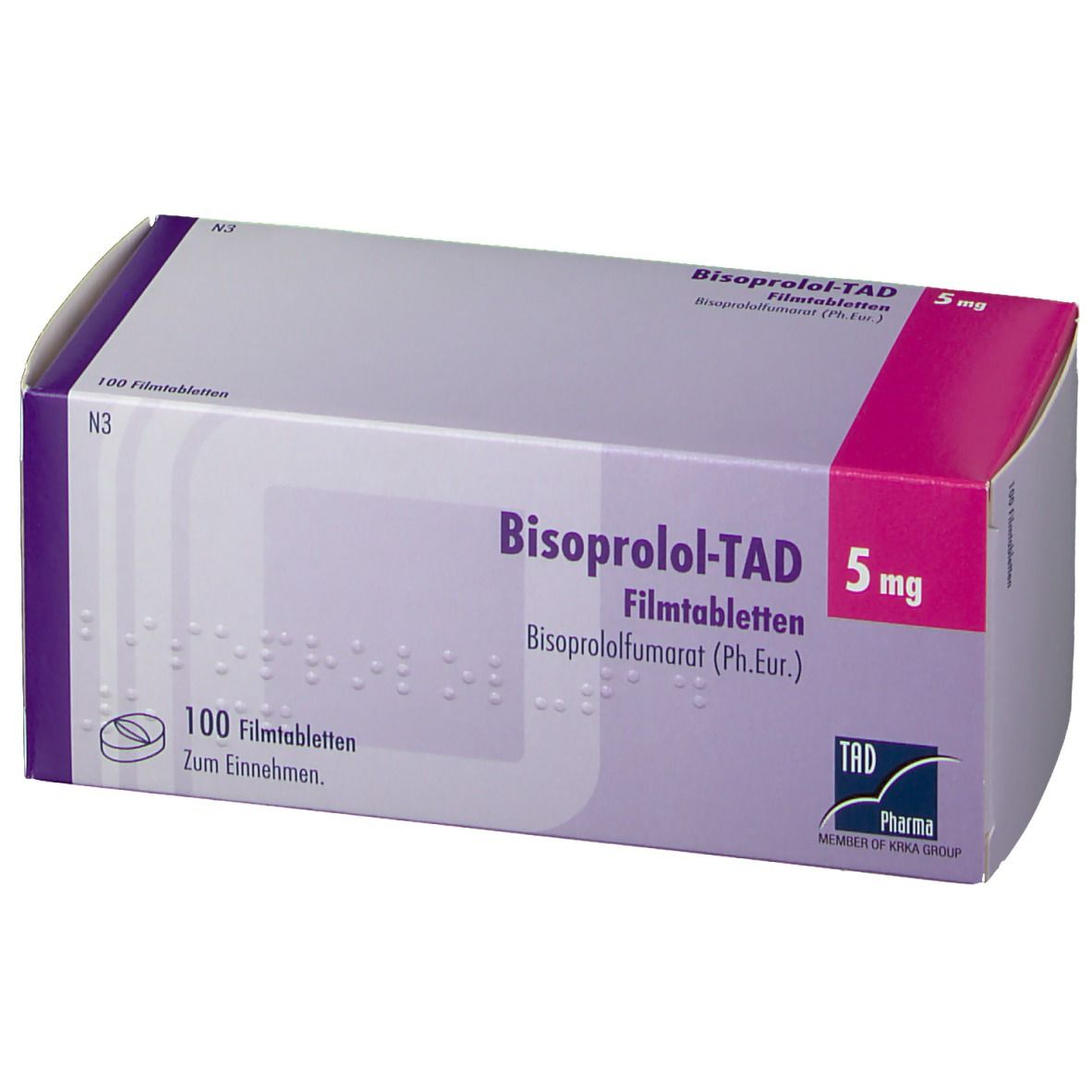 Packung BISOPROLOL-TAD 5 mg Filmtabletten. Aufschrift: 100 Filmtabletten, TAD Pharma.