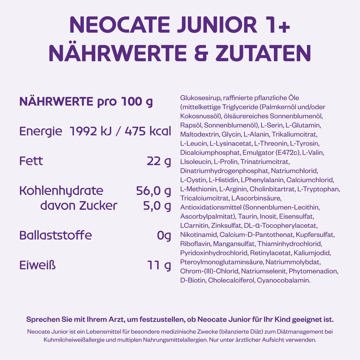 Nährwerttabelle für Neocate Junior. Angaben pro 100g: Energie, Fett, Kohlenhydrate, Ballaststoffe, Eiweiß.