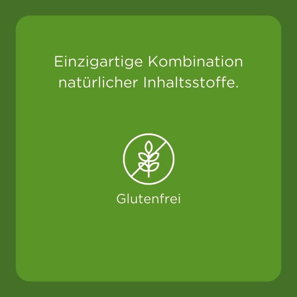 Grüner Hintergrund mit weißem Logo: Glutenfrei. Text: Einzigartige Kombination natürlicher Inhaltsstoffe.