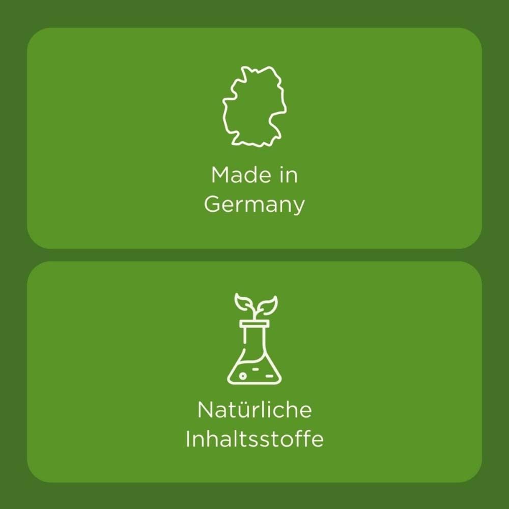 Grüner Hintergrund mit weißem Text und Symbolen. Text: Made in Germany. Natürliche Inhaltsstoffe.