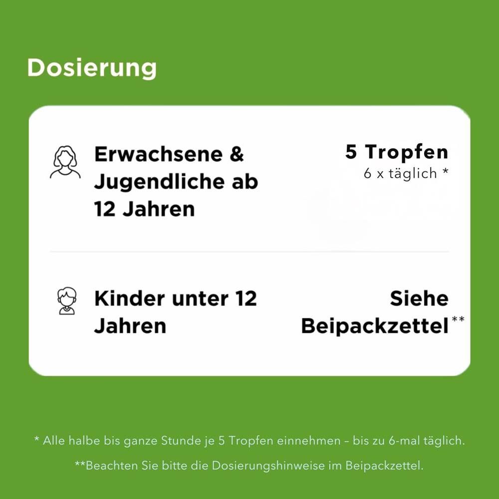 Dosierungshinweise. Text: Erwachsene & Jugendliche ab 12 Jahren, Kinder unter 12 Jahren. 5 Tropfen 6x täglich.