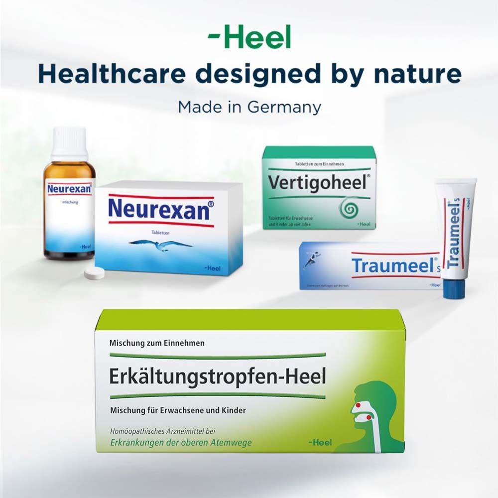 Verschiedene Heel-Produkte. Erkältungstropfen-Heel, Neurexan, Vertigoheel, Traumeel.