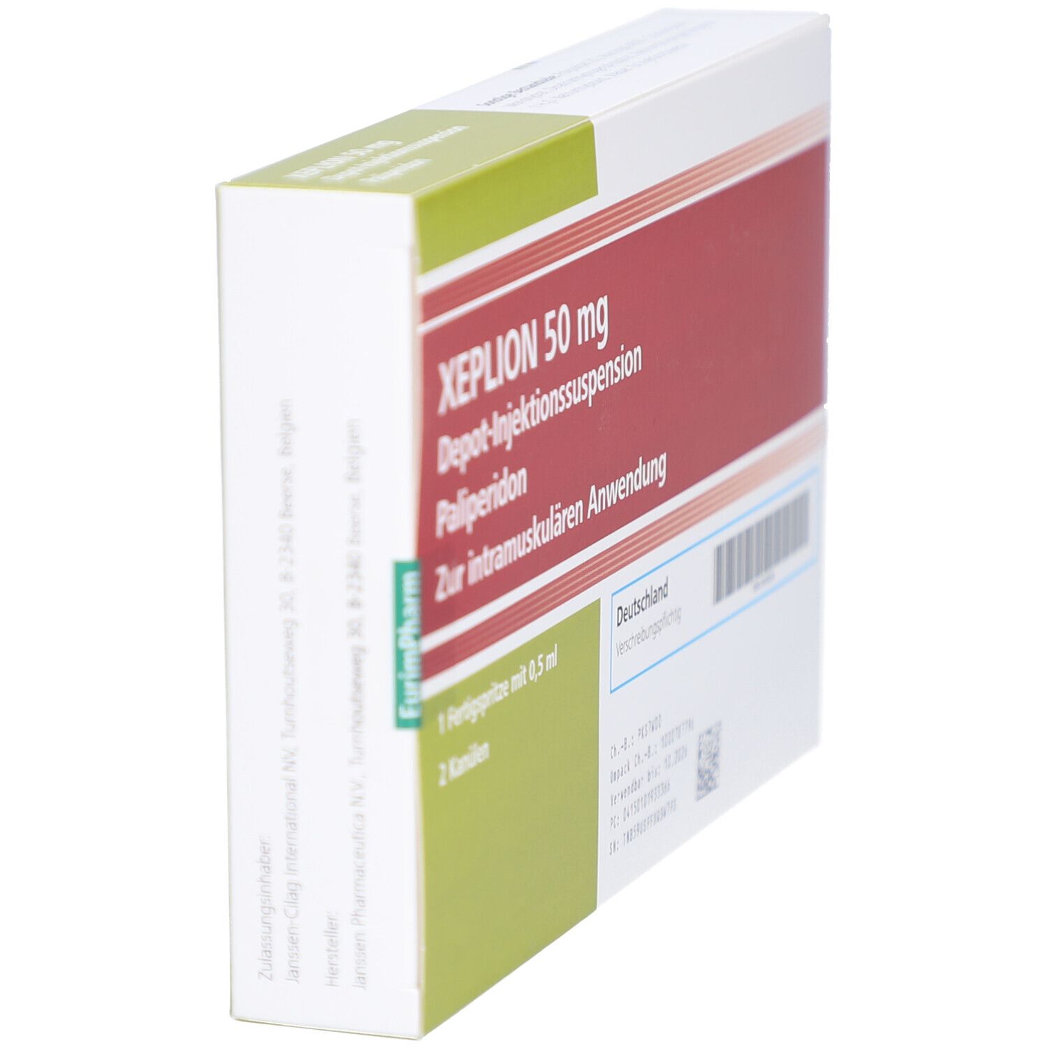 Schrägansicht der XEPLION 50 mg Verpackung. Rote und grüne Farbgebung. Enthält 1 Fertigspritze mit 0,5 ml und 2 Kanülen.