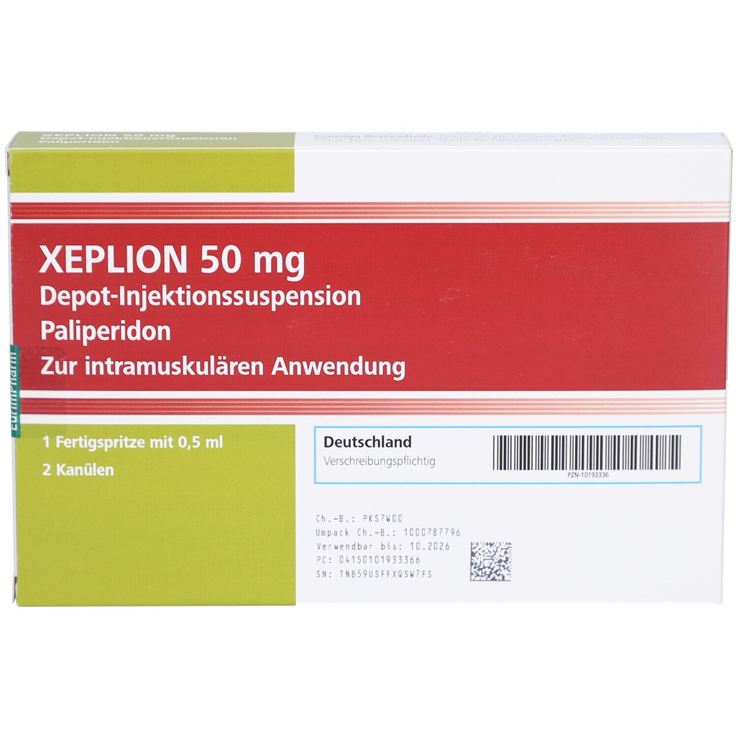 Verpackung von XEPLION 50 mg Depot-Injektionssuspension. Enthält 1 Fertigspritze mit 0,5 ml und 2 Kanülen. Rote und grüne Farbgebung.