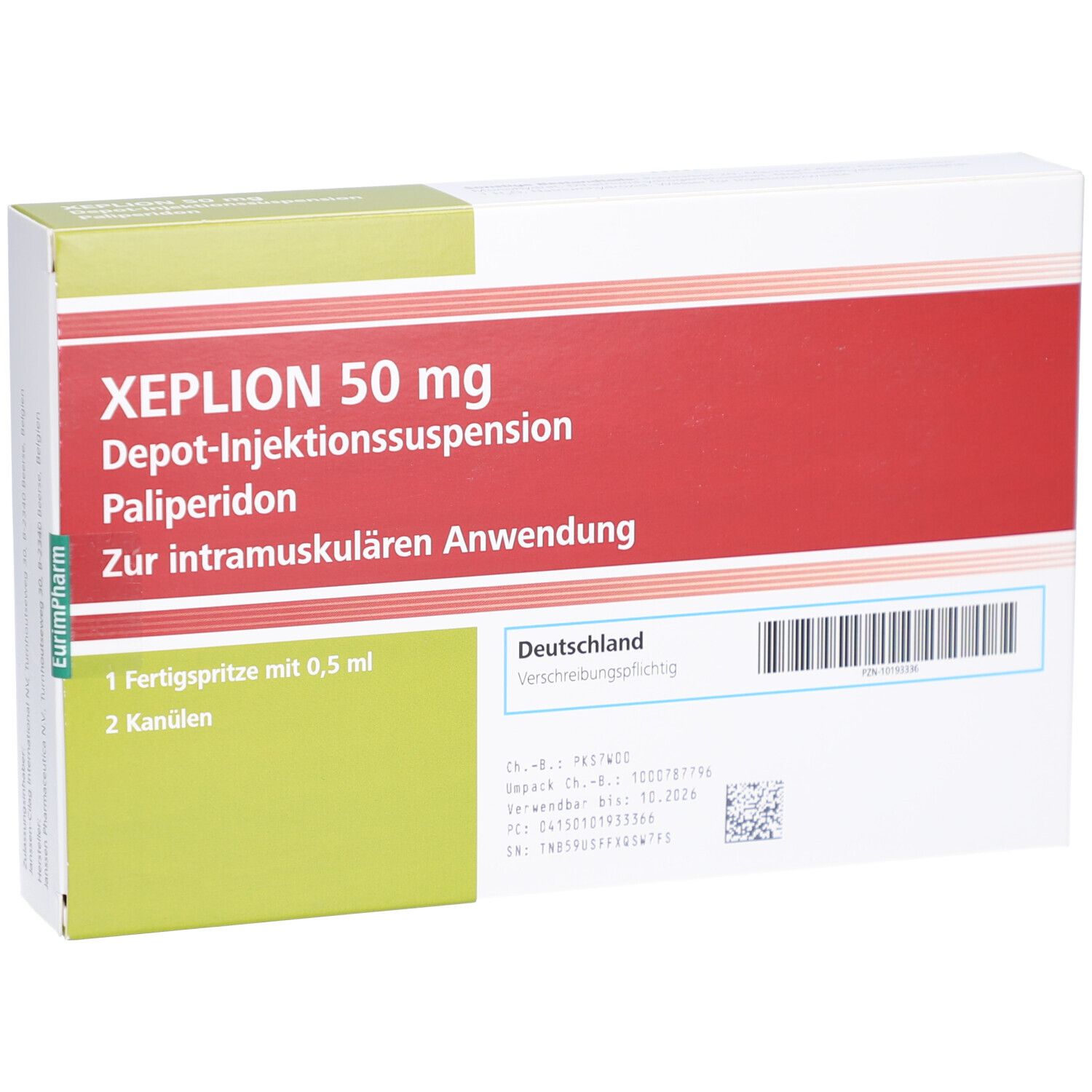 XEPLION 50 mg Verpackung. Enthält 1 Fertigspritze mit 0,5 ml und 2 Kanülen. Rote und grüne Farbgebung.