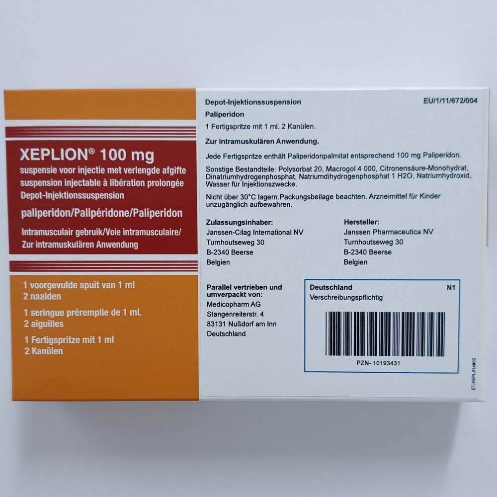Verpackung XEPLION 100 mg Depot-Injektionssuspension mit Palperidon. Enthält 2 Fertigspritzen à 1 ml.